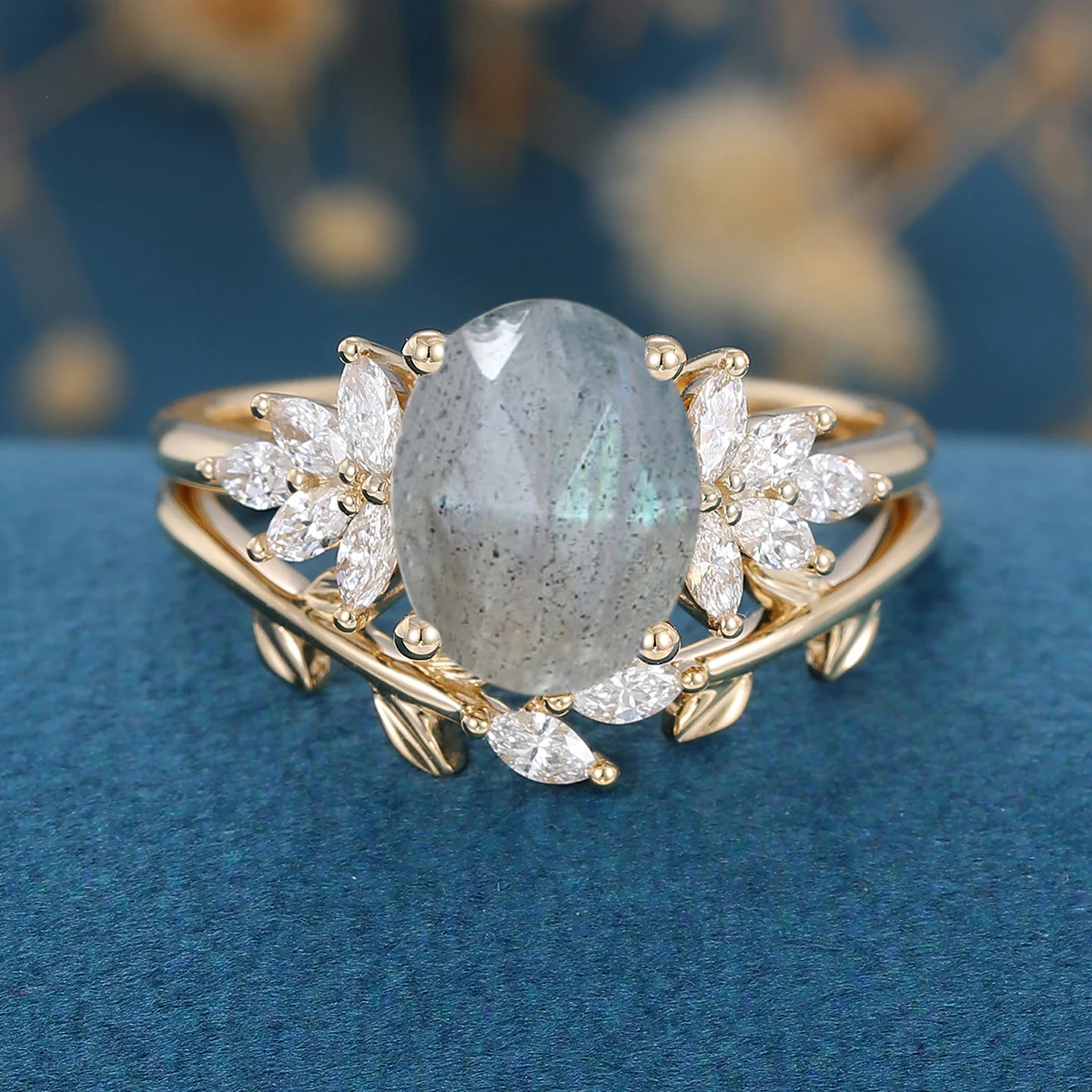 Oval cut Labradorite Cluster Engagement ring Bridal Set - Image 8