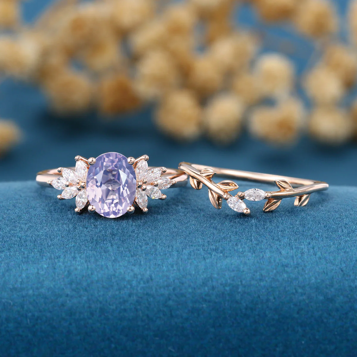 Oval Cut Lavender Amethyst Engagement Ring set Rose Gold Diamond Wedding Bridal Set - Image 2