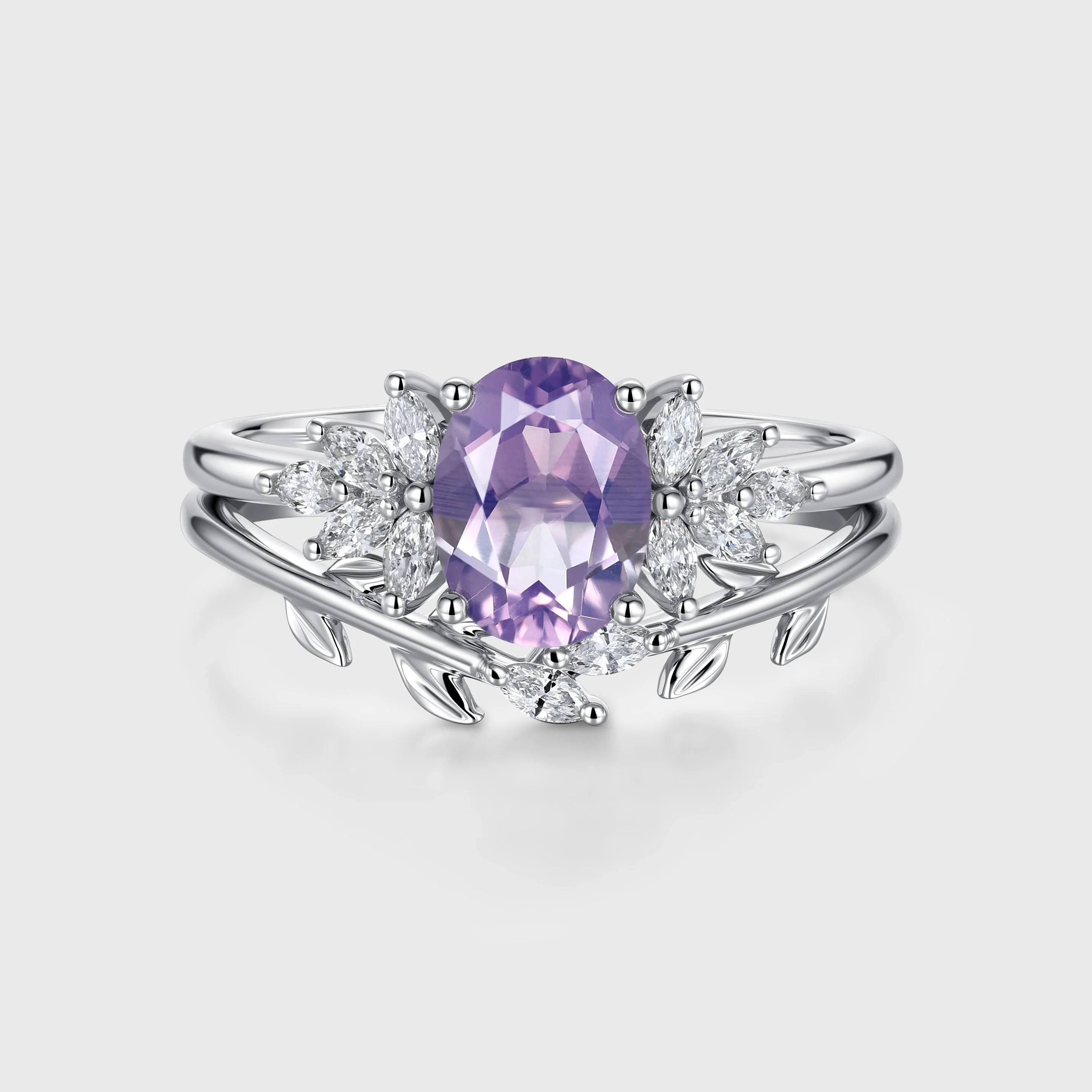 Oval Cut Lavender Amethyst Engagement Ring set Rose Gold Diamond Wedding Bridal Set - Image 3