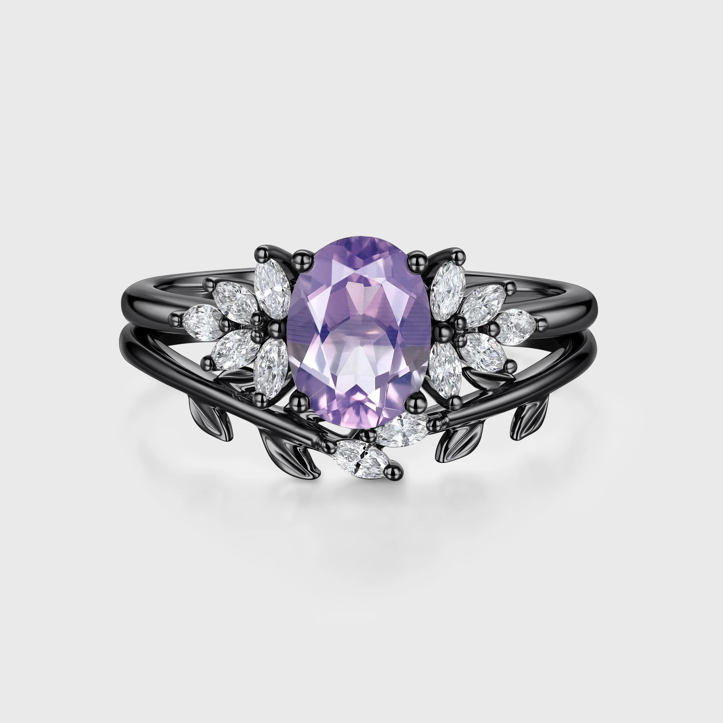 Oval Cut Lavender Amethyst Engagement Ring set Rose Gold Diamond Wedding Bridal Set - Image 4