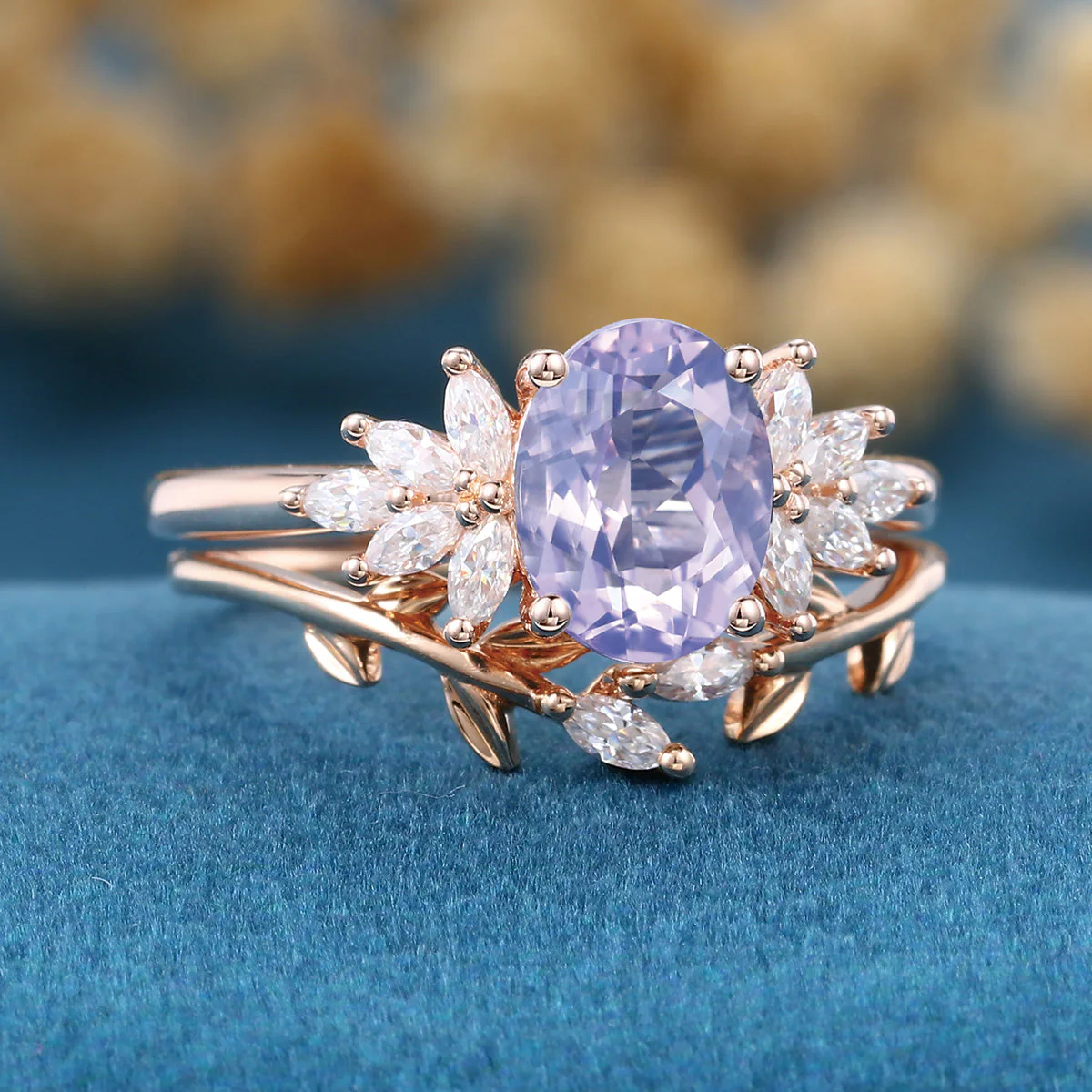 Oval Cut Lavender Amethyst Engagement Ring set Rose Gold Diamond Wedding Bridal Set - Image 5