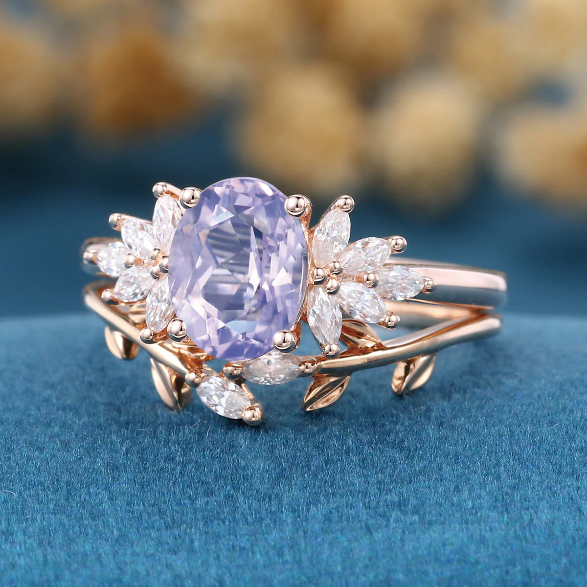 Oval Cut Lavender Amethyst Engagement Ring set Rose Gold Diamond Wedding Bridal Set - Image 6