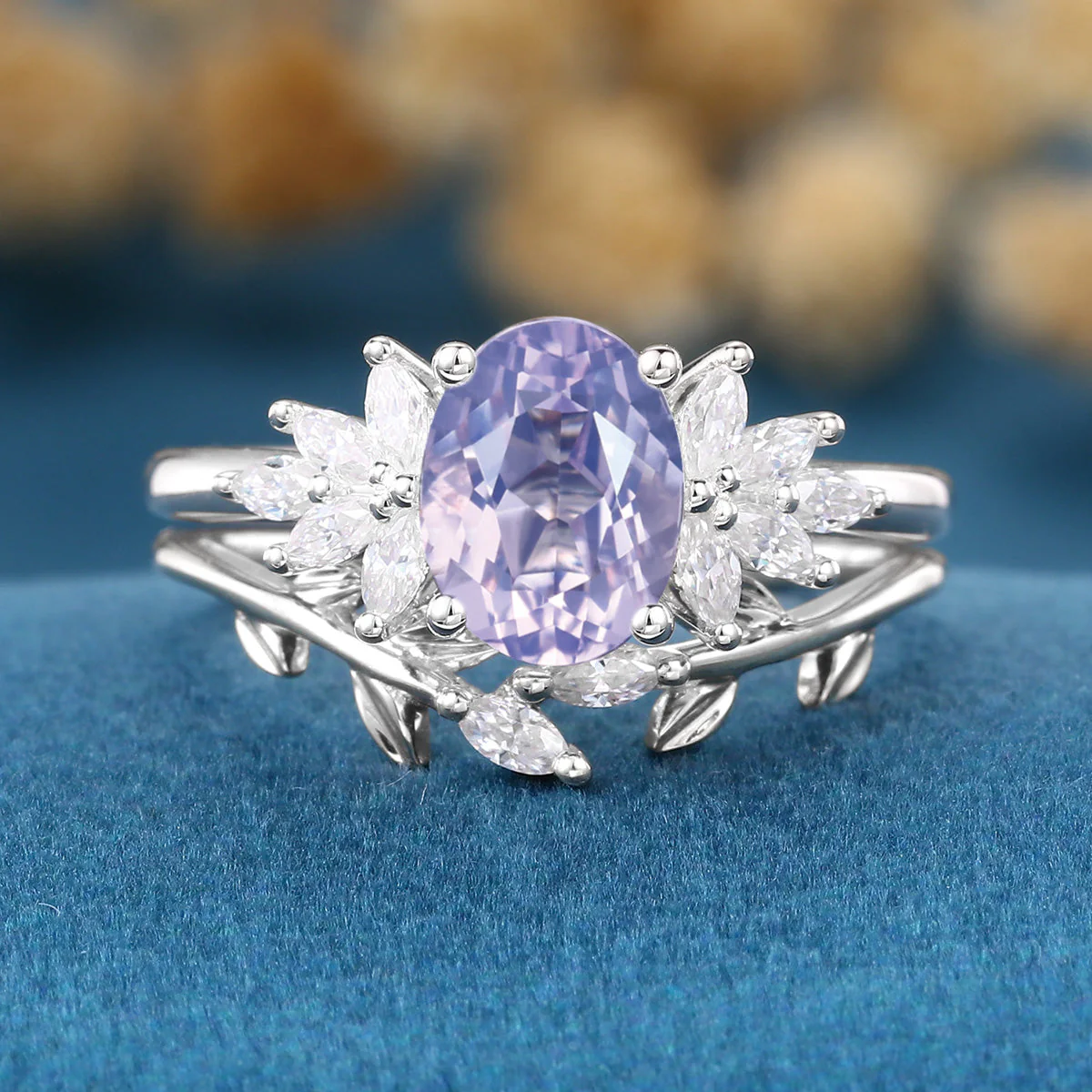 Oval Cut Lavender Amethyst Engagement Ring set Rose Gold Diamond Wedding Bridal Set - Image 8