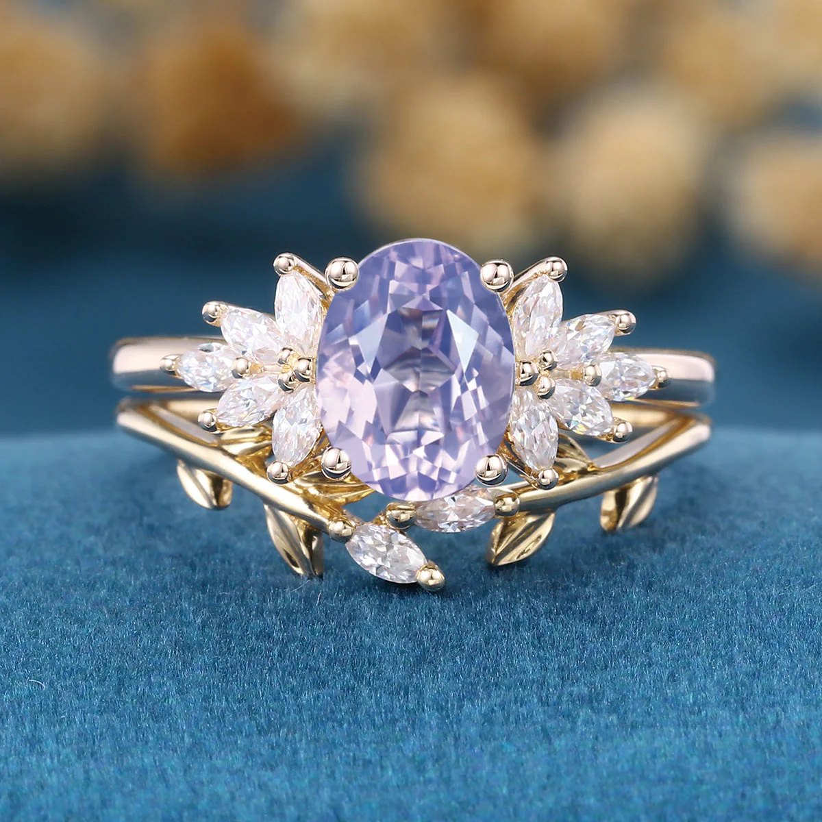 Oval Cut Lavender Amethyst Engagement Ring set Rose Gold Diamond Wedding Bridal Set - Image 9