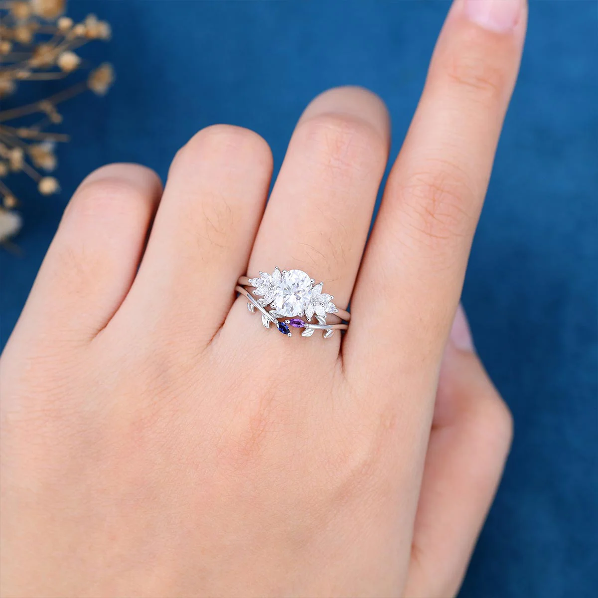 Oval cut Moissanite Cluster Engagement ring Bridal Set - Image 2