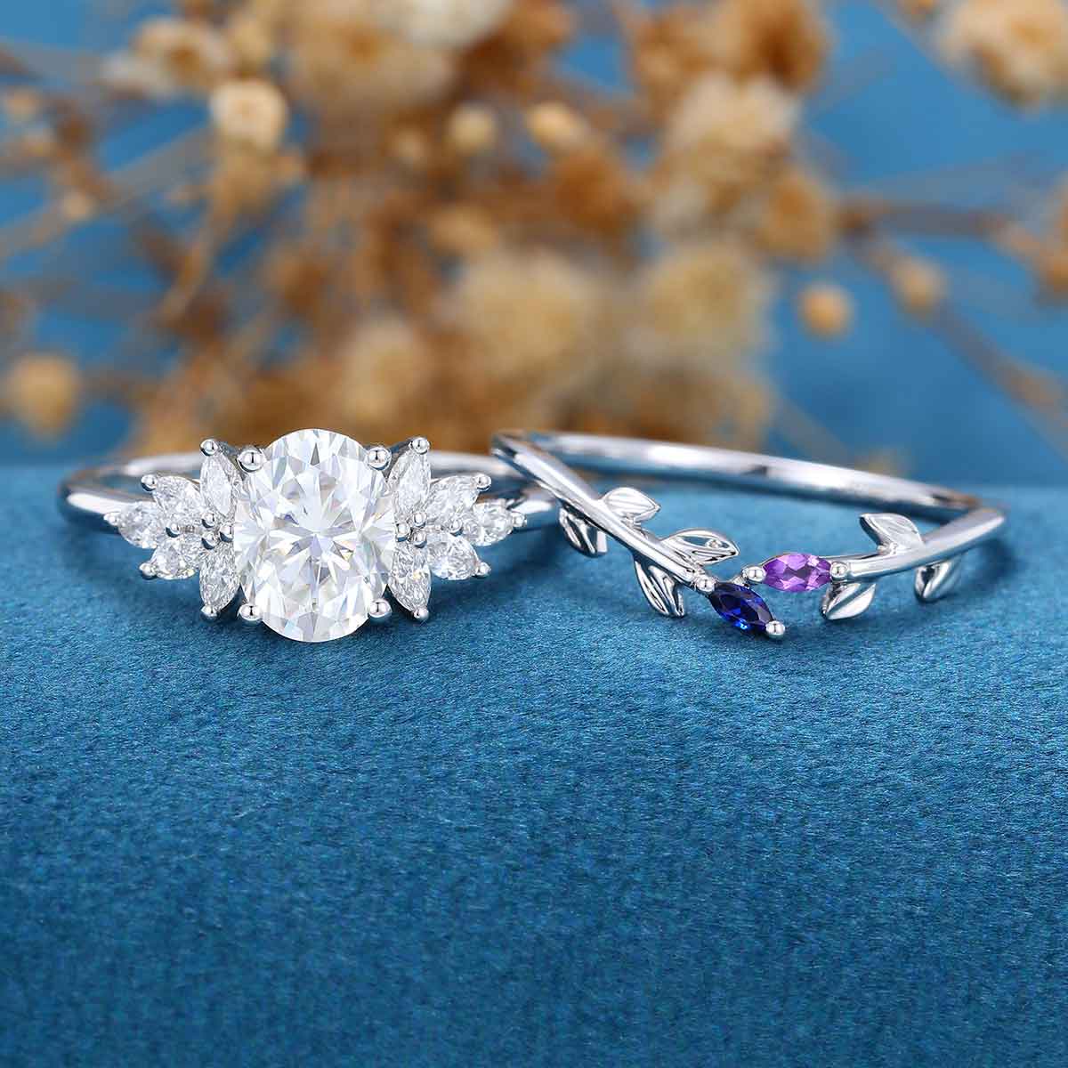 Oval cut Moissanite Cluster Engagement ring Bridal Set - Image 3