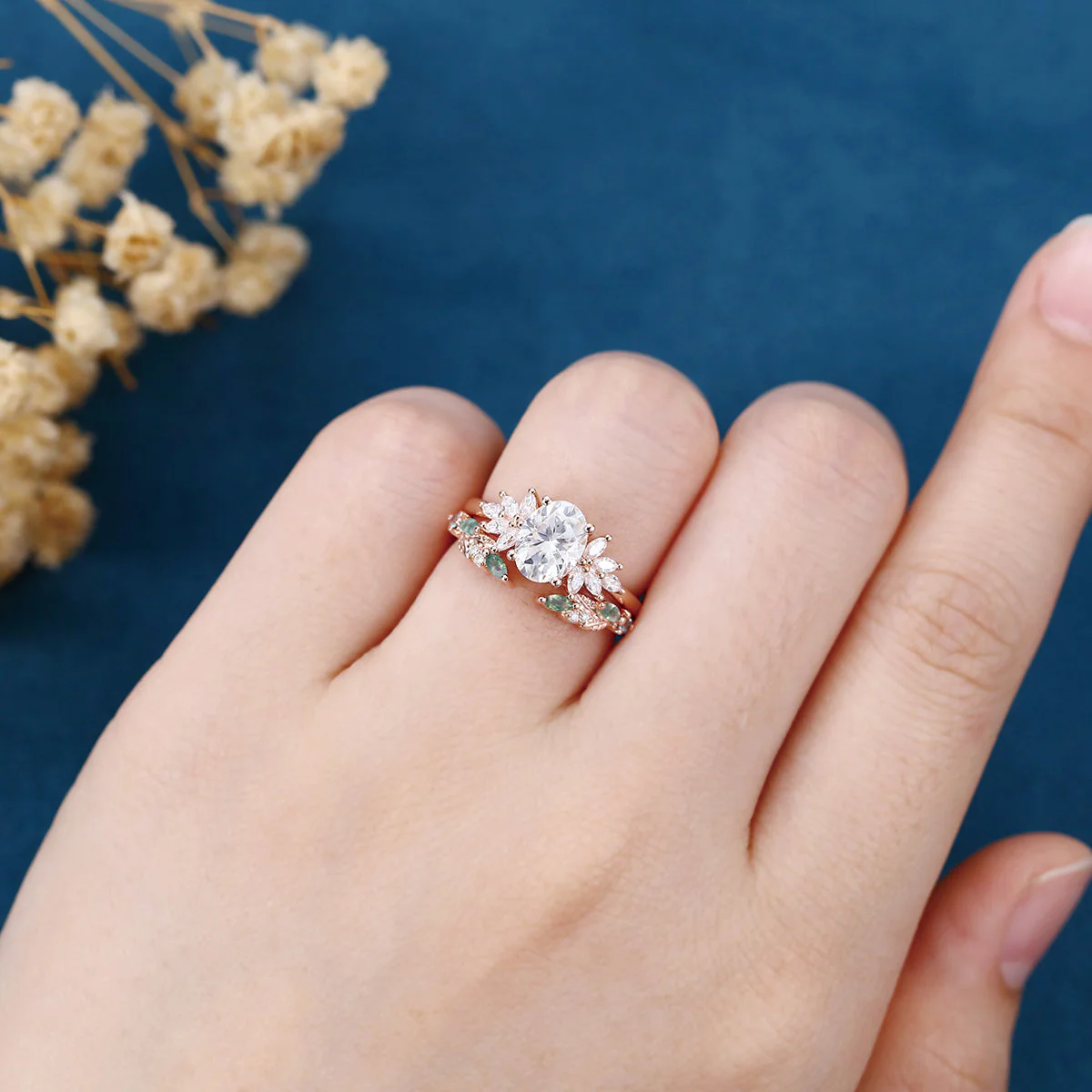 Oval cut Moissanite Engagement ring +Moss agate Wedding Bridal set - Image 2