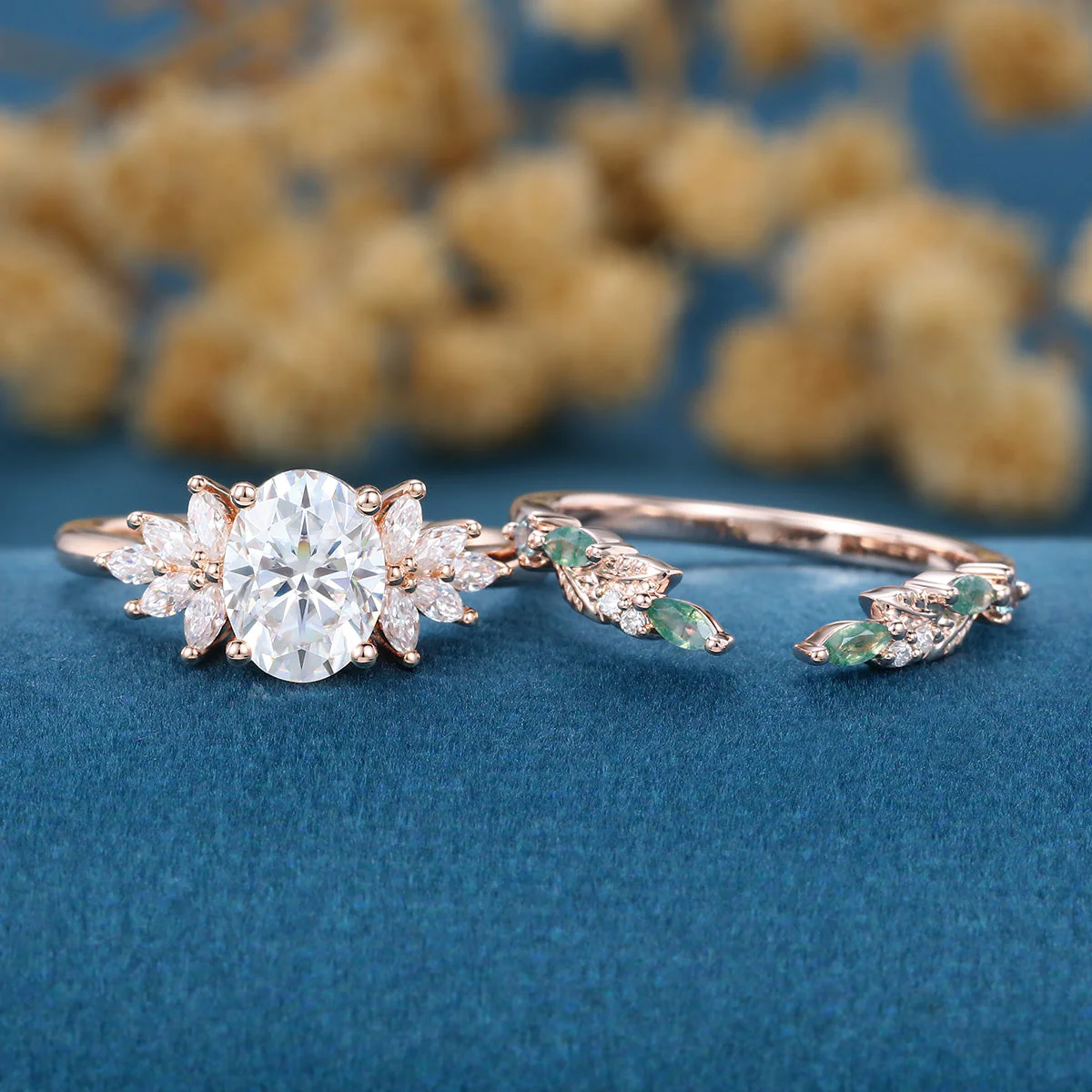 Oval cut Moissanite Engagement ring +Moss agate Wedding Bridal set - Image 3