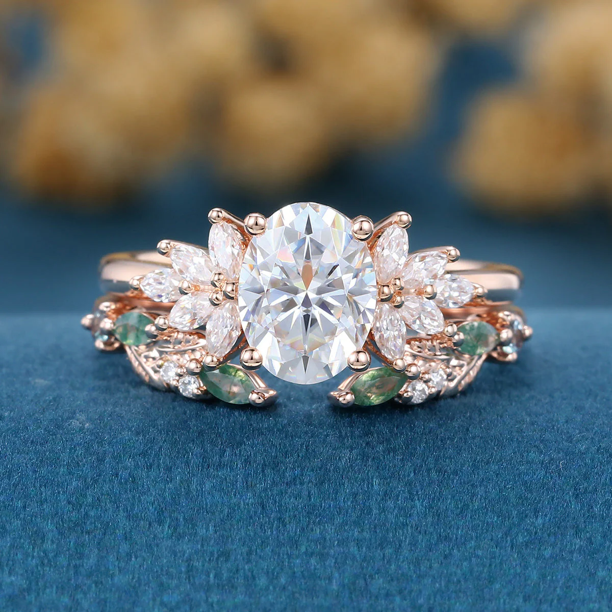 Oval cut Moissanite Engagement ring +Moss agate Wedding Bridal set - Image 4