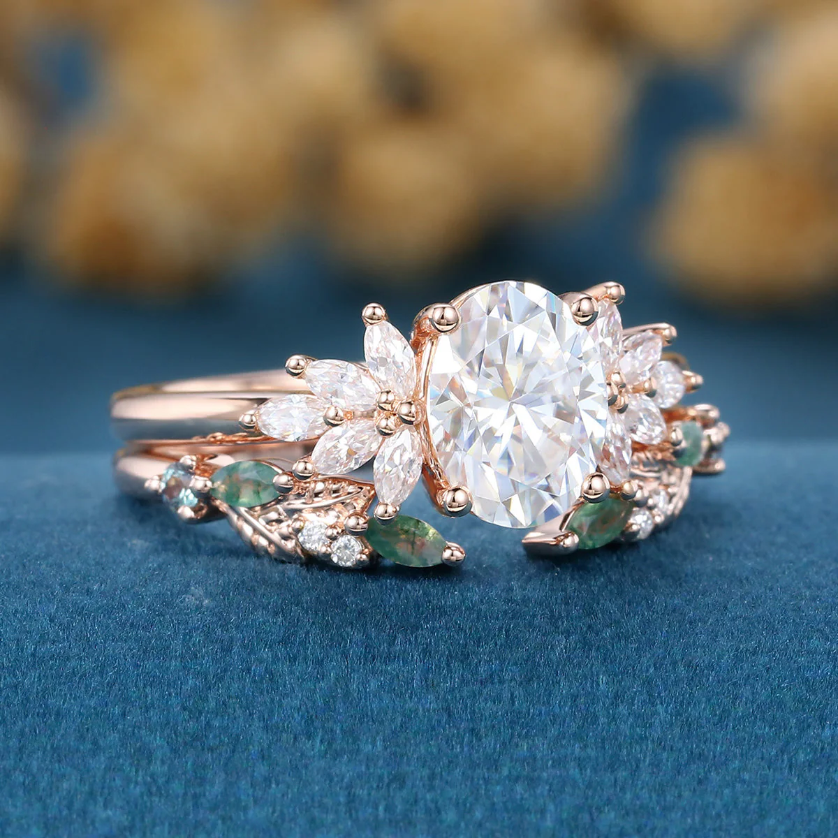 Oval cut Moissanite Engagement ring +Moss agate Wedding Bridal set - Image 5