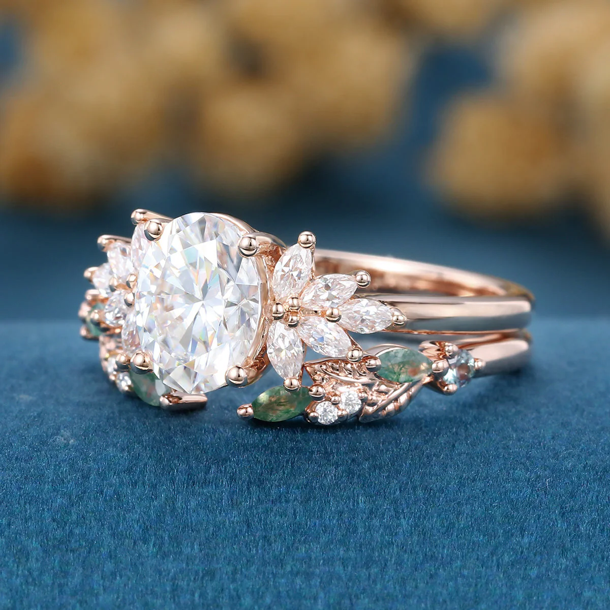 Oval cut Moissanite Engagement ring +Moss agate Wedding Bridal set - Image 6