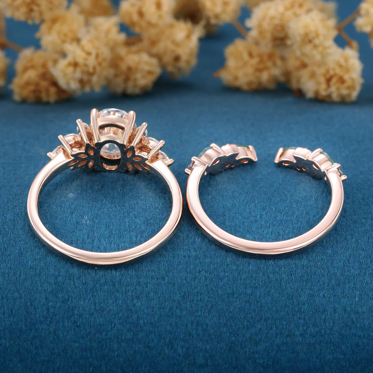 Oval cut Moissanite Engagement ring +Moss agate Wedding Bridal set - Image 7