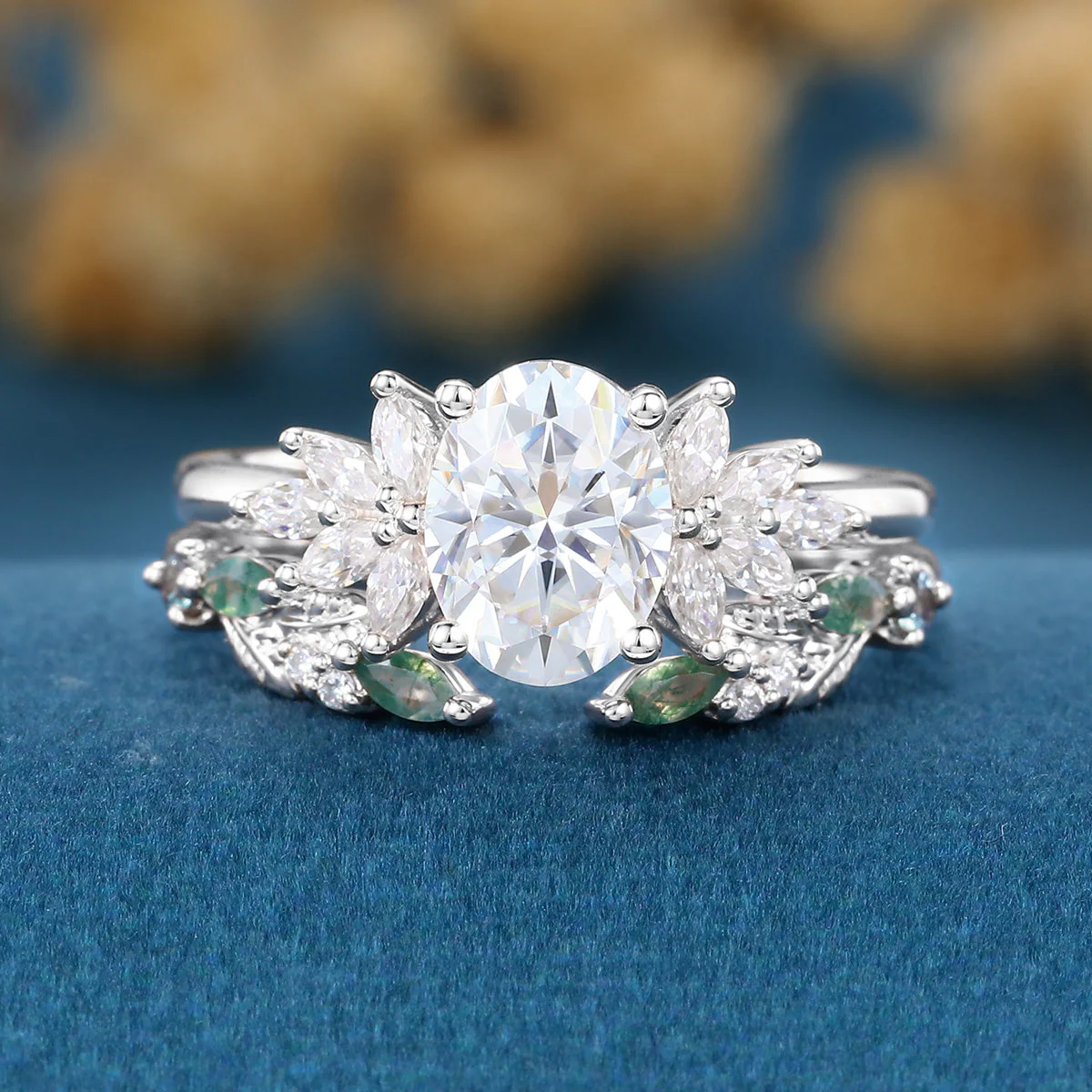 Oval cut Moissanite Engagement ring +Moss agate Wedding Bridal set - Image 8