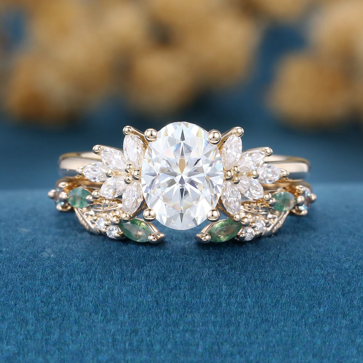 Oval cut Moissanite Engagement ring +Moss agate Wedding Bridal set - Image 9