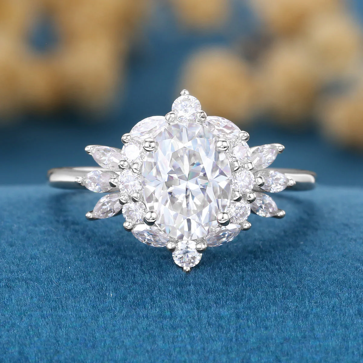 Oval cut Moissanite Cluster Engagement ring - Image 7
