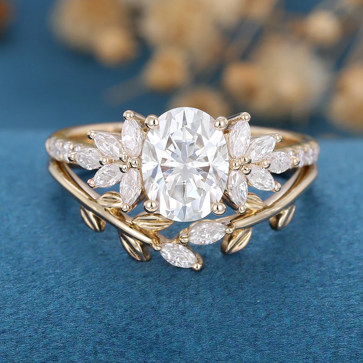 Oval cut Moissanite Cluster Engagement ring Bridal Set - Image 10