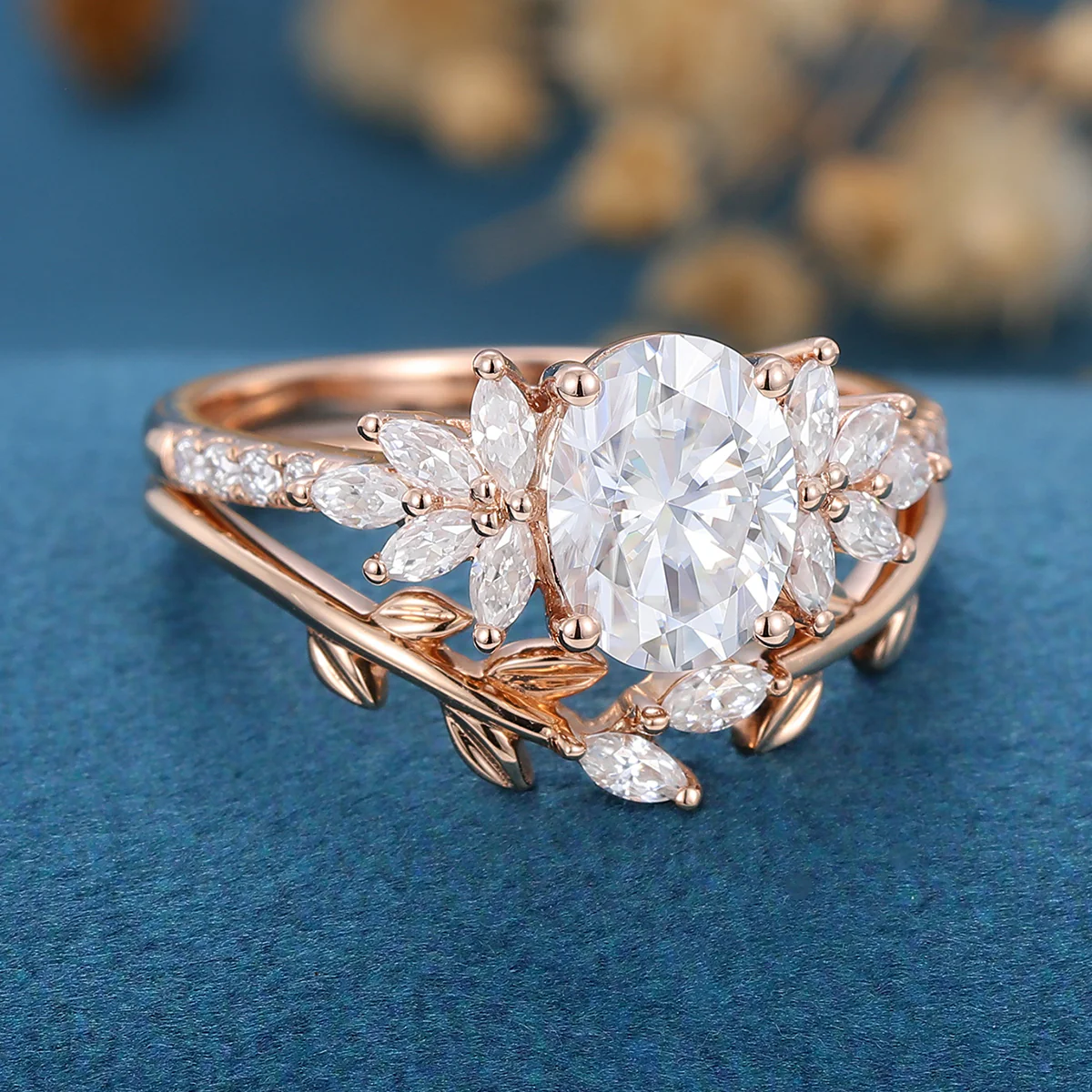 Oval cut Moissanite Cluster Engagement ring Bridal Set - Image 5