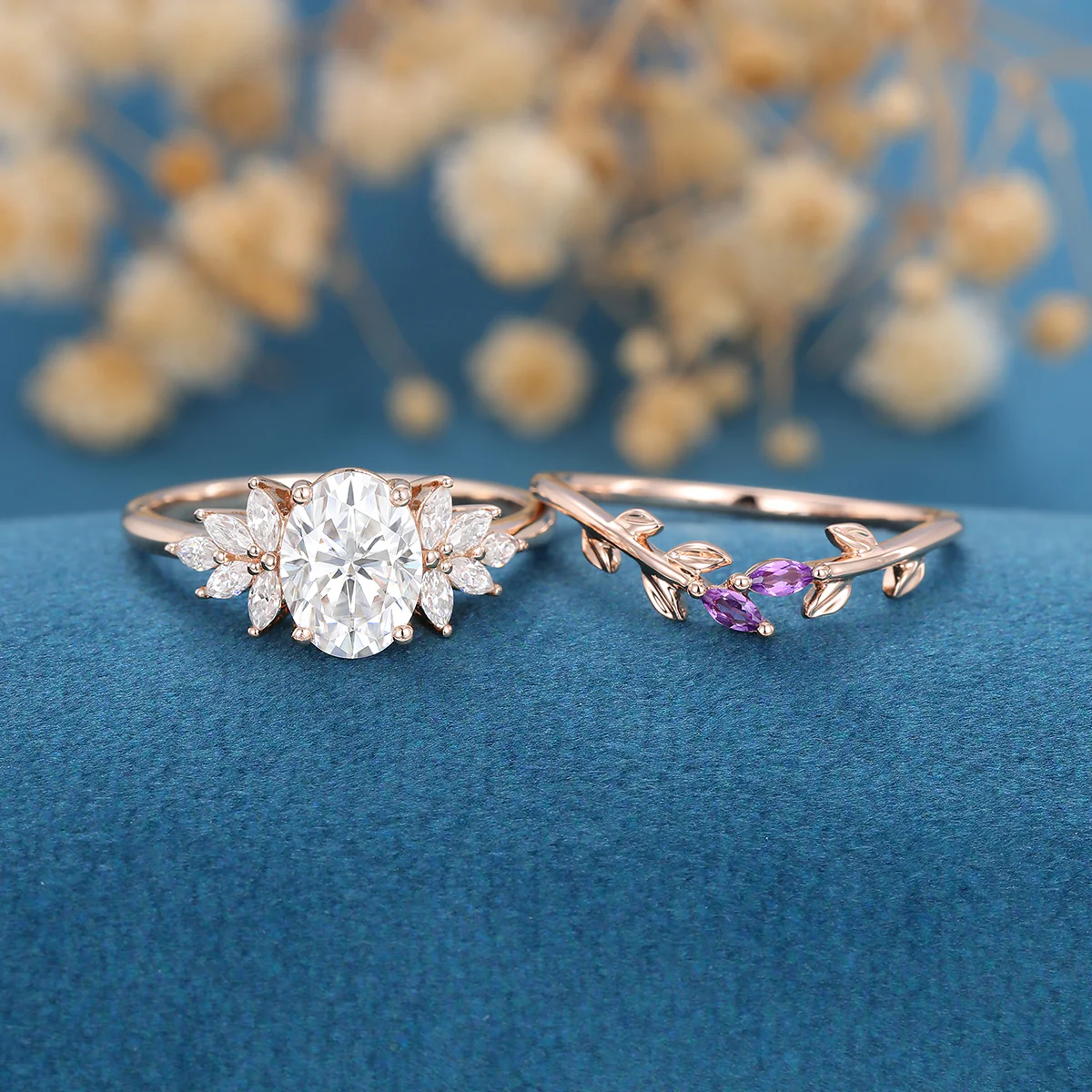 Oval cut Moissanite Cluster Engagement ring Bridal Set - Image 2