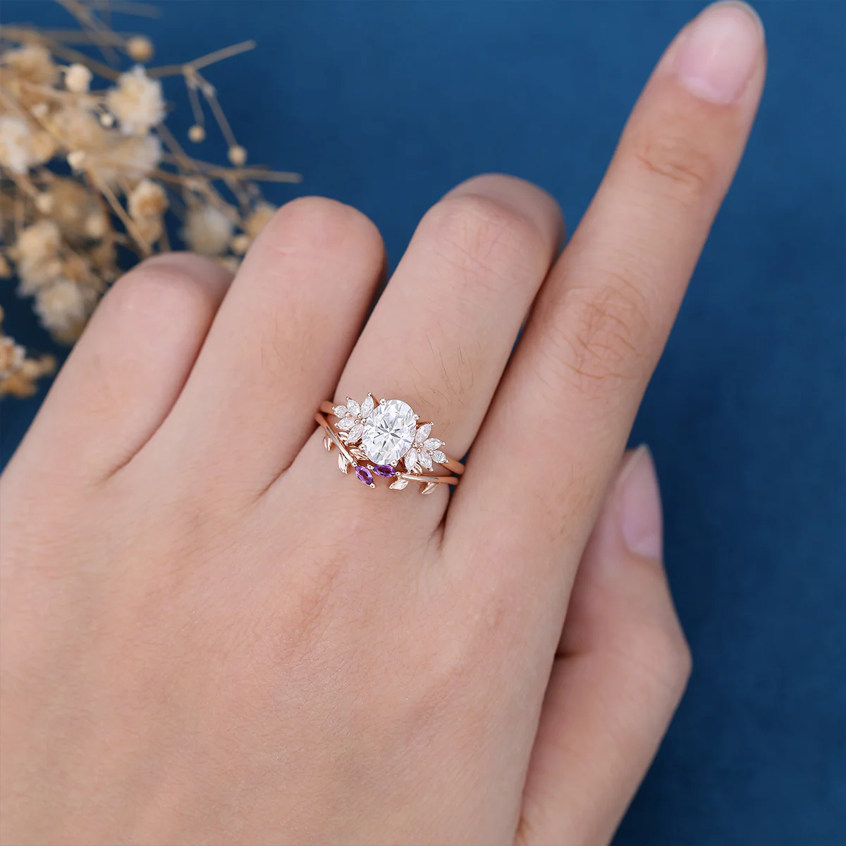 Oval cut Moissanite Cluster Engagement ring Bridal Set - Image 3
