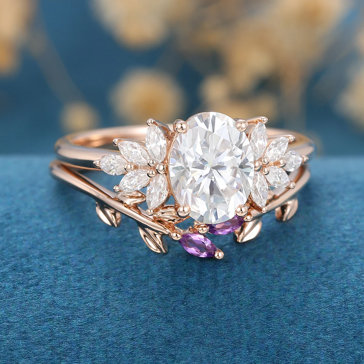 Oval cut Moissanite Cluster Engagement ring Bridal Set - Image 5