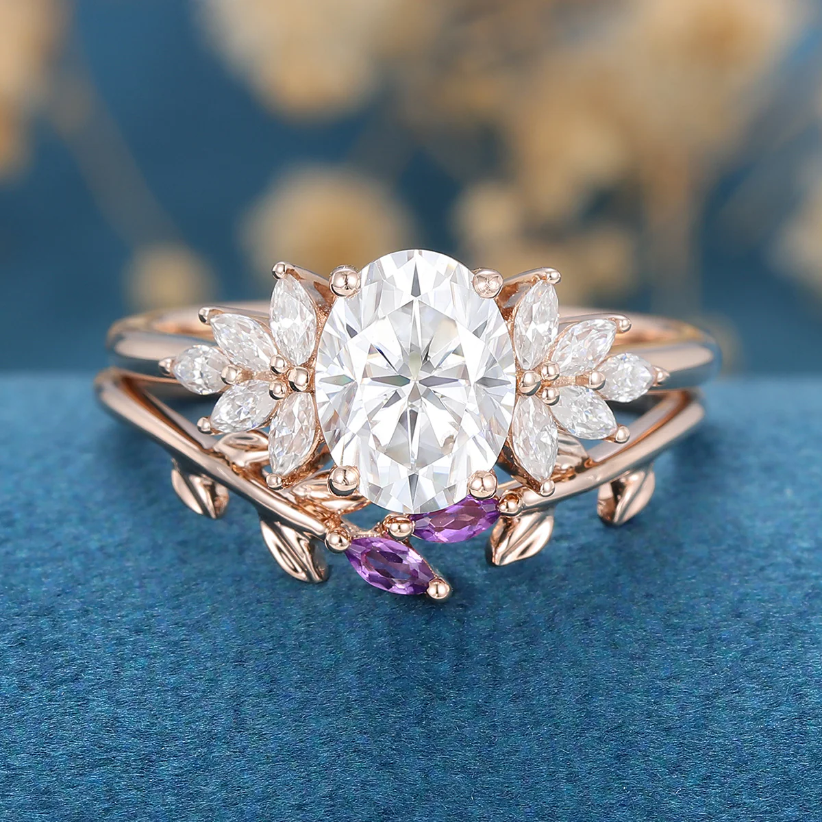 Oval cut Moissanite Cluster Engagement ring Bridal Set - Image 6
