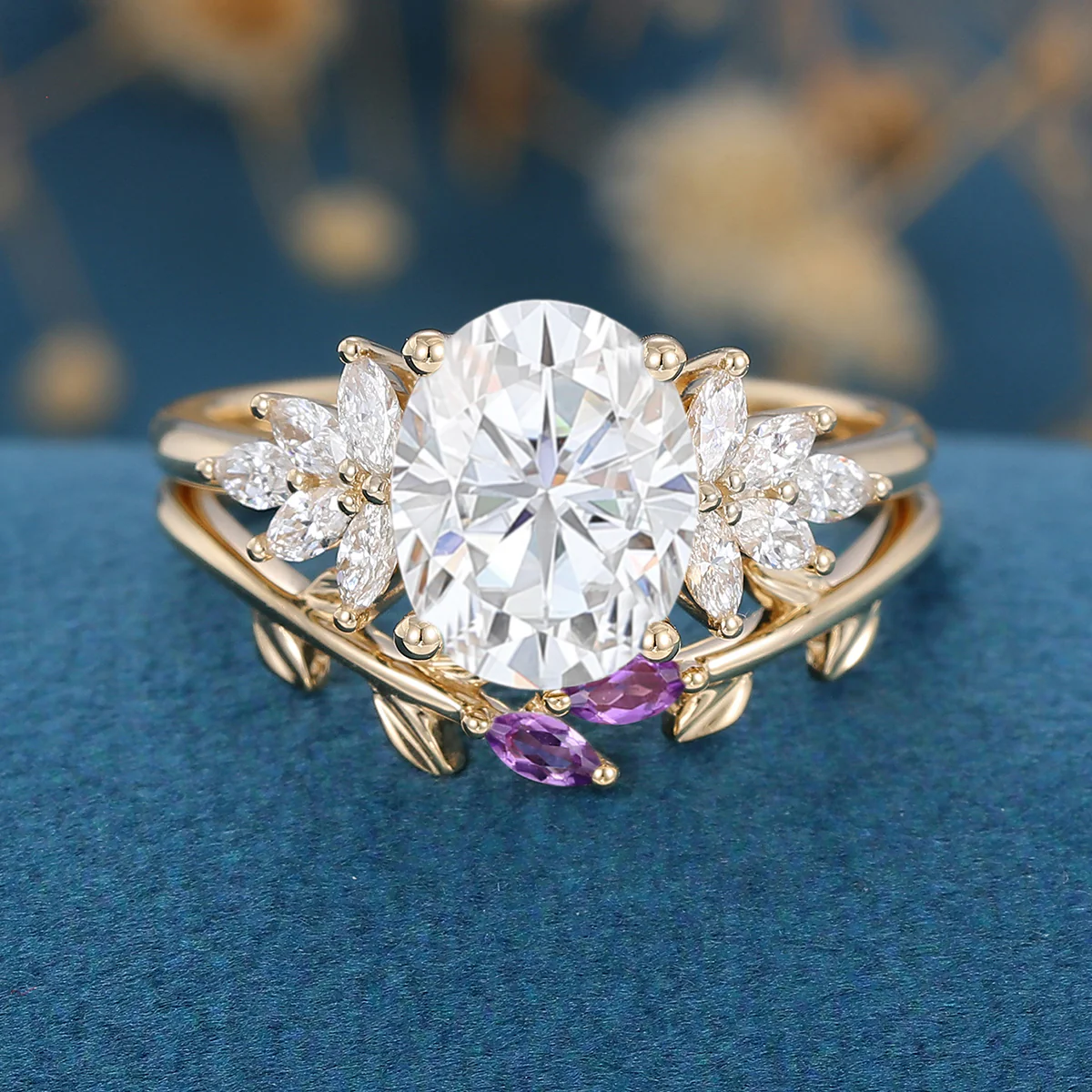 Oval cut Moissanite Cluster Engagement ring Bridal Set - Image 7