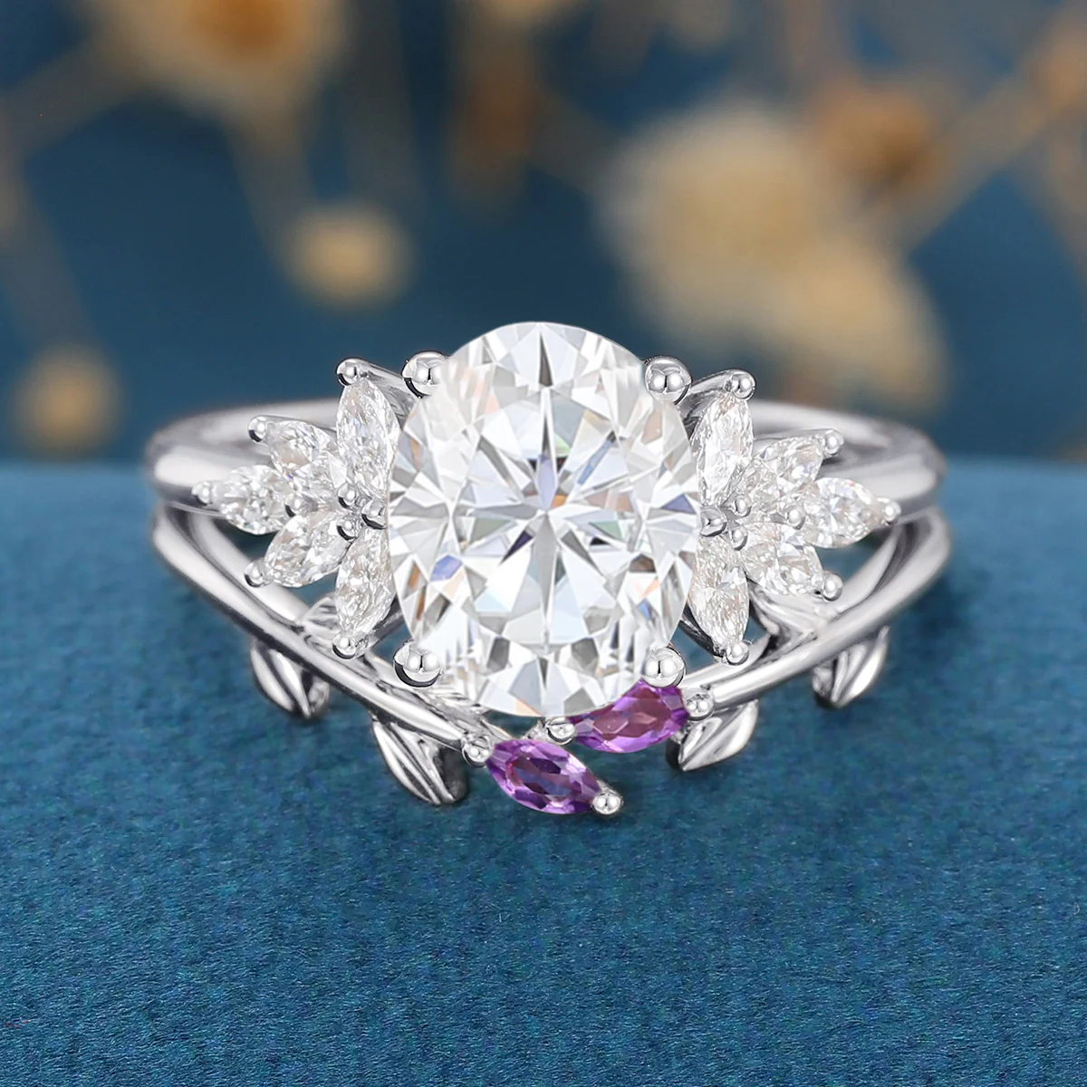 Oval cut Moissanite Cluster Engagement ring Bridal Set - Image 8
