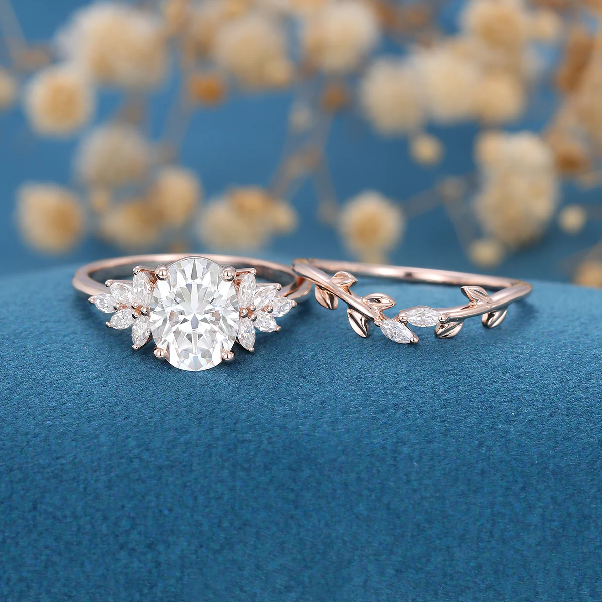 1.5 Carat Vintage Oval cut Moissanite Cluster Engagement ring Bridal Set - Image 4