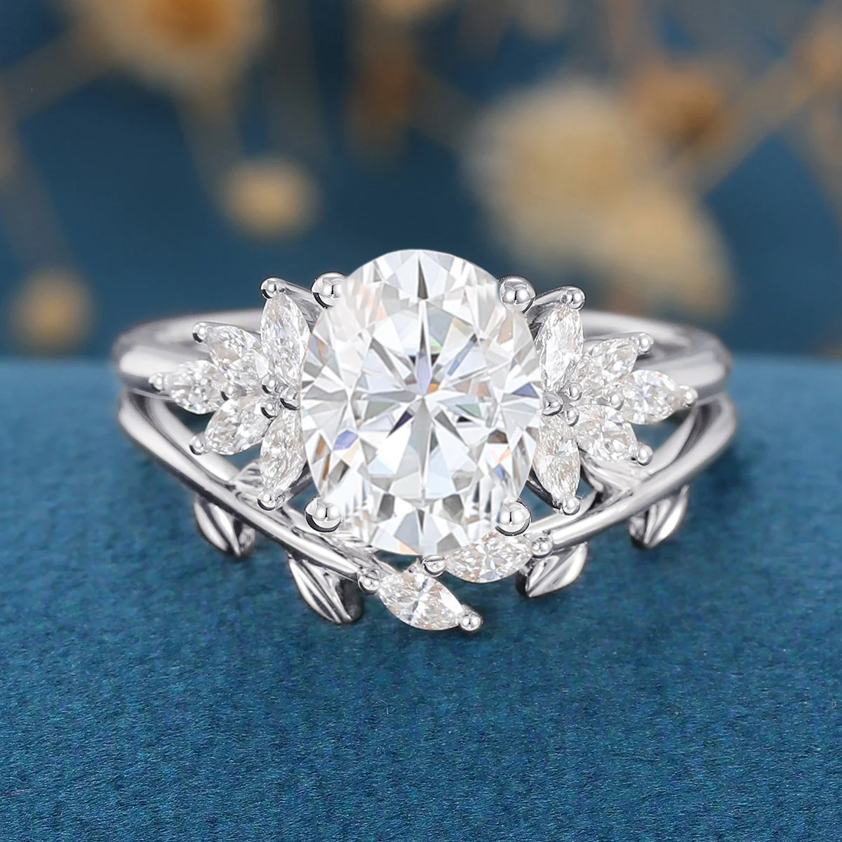 1.5 Carat Vintage Oval cut Moissanite Cluster Engagement ring Bridal Set - Image 9