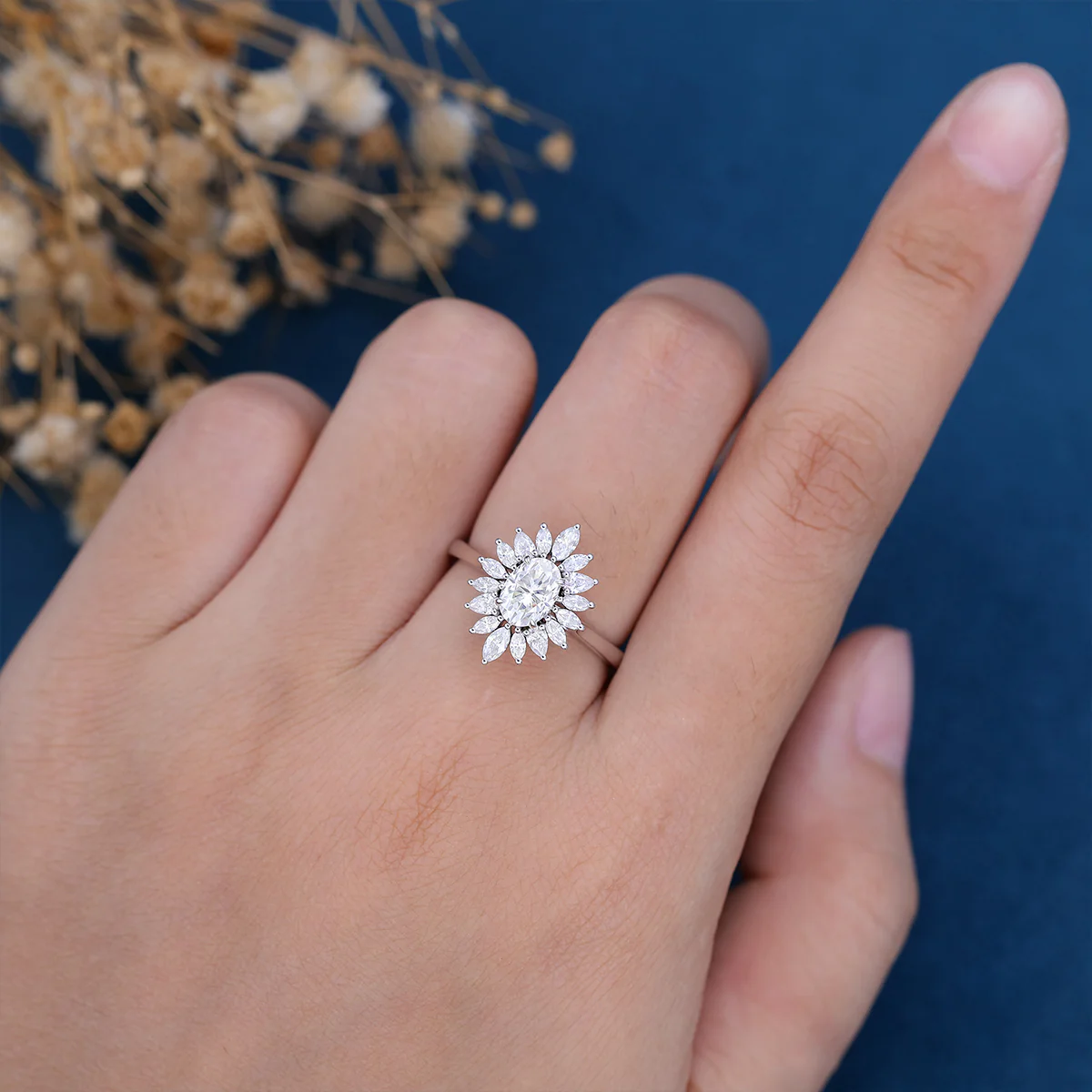 1 Carat Oval cut Moissanite Halo Cluster Engagement Ring - Image 2