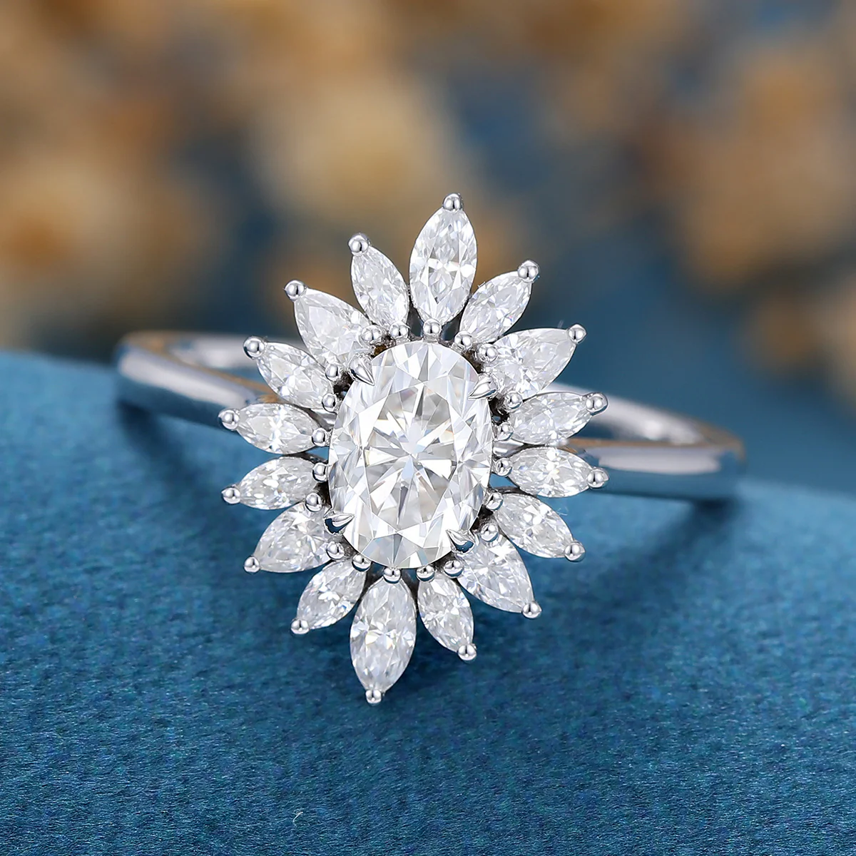 1 Carat Oval cut Moissanite Halo Cluster Engagement Ring - Image 3