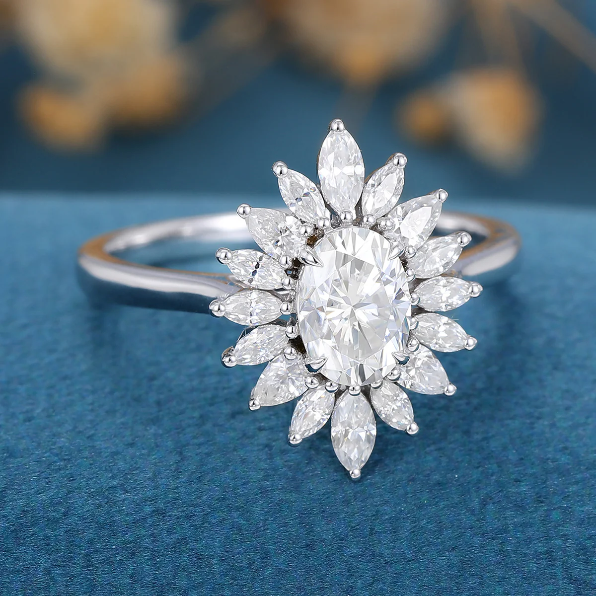 1 Carat Oval cut Moissanite Halo Cluster Engagement Ring - Image 5