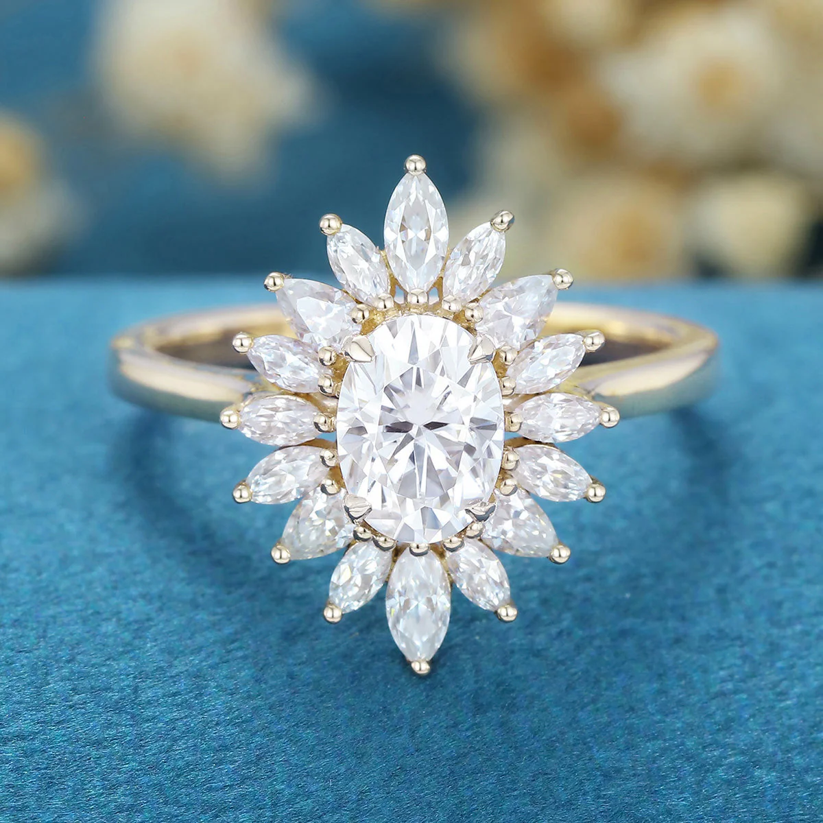 1 Carat Oval cut Moissanite Halo Cluster Engagement Ring - Image 6