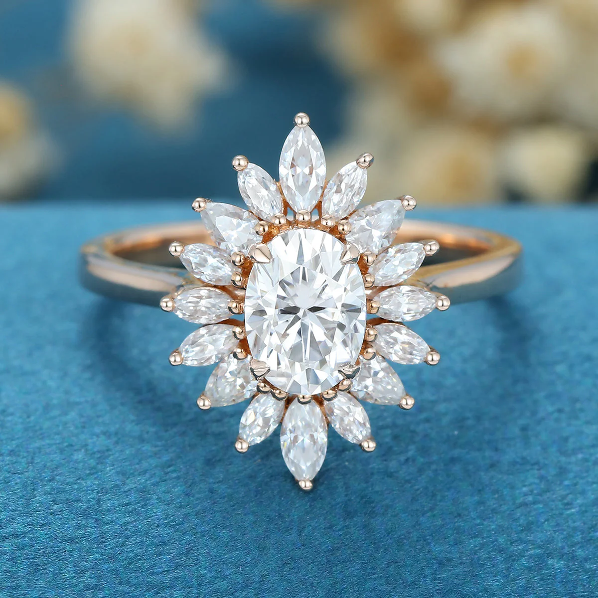 1 Carat Oval cut Moissanite Halo Cluster Engagement Ring - Image 7