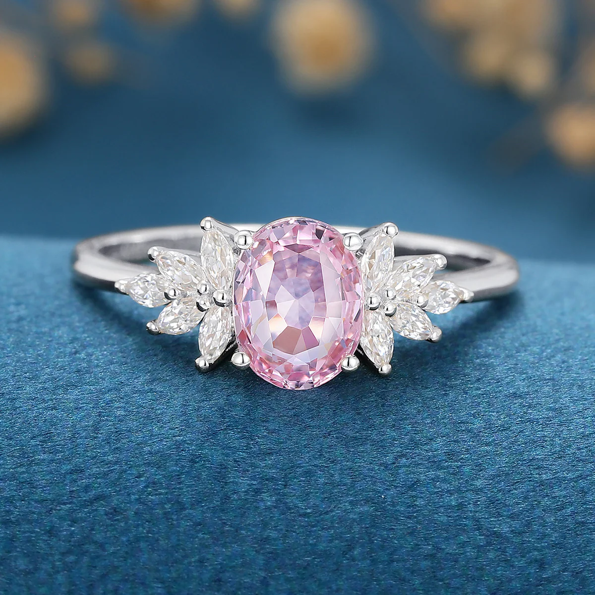 Oval Shaped Lab Grown Pink Sapphire Moissanite Cluster Engagement ring - Image 10