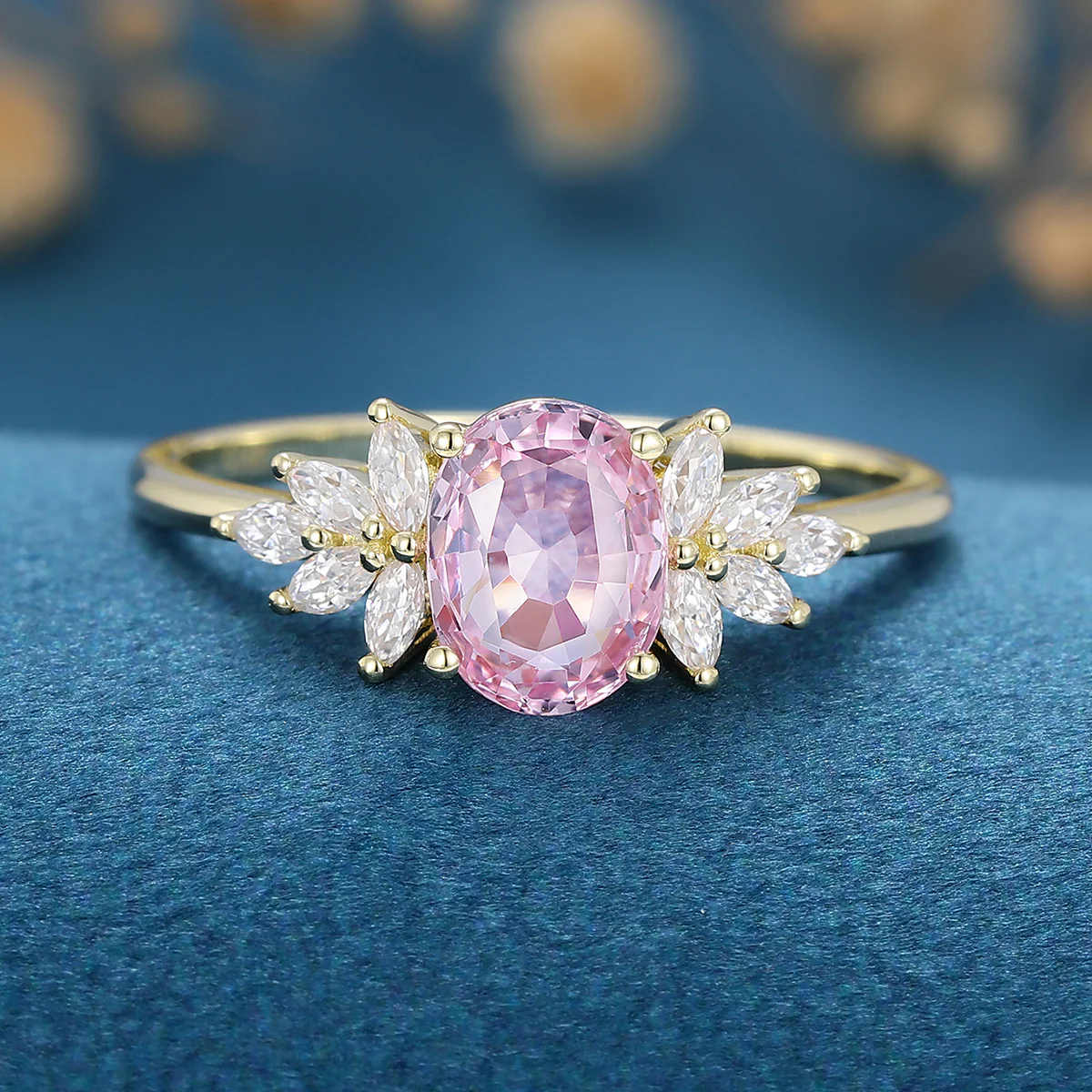 Oval Shaped Lab Grown Pink Sapphire Moissanite Cluster Engagement ring - Image 11