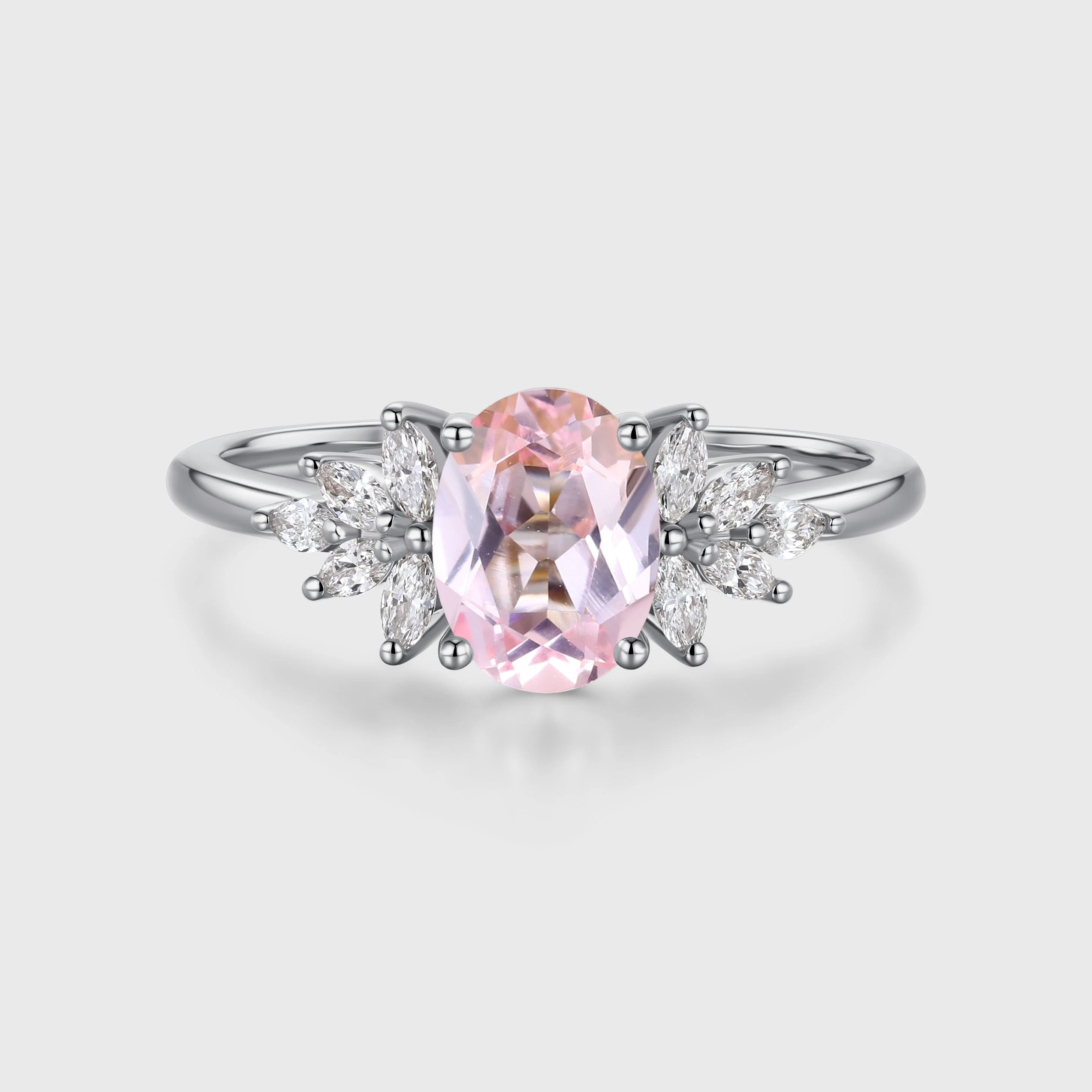 Oval Shaped Lab Grown Pink Sapphire Moissanite Cluster Engagement ring - Image 4