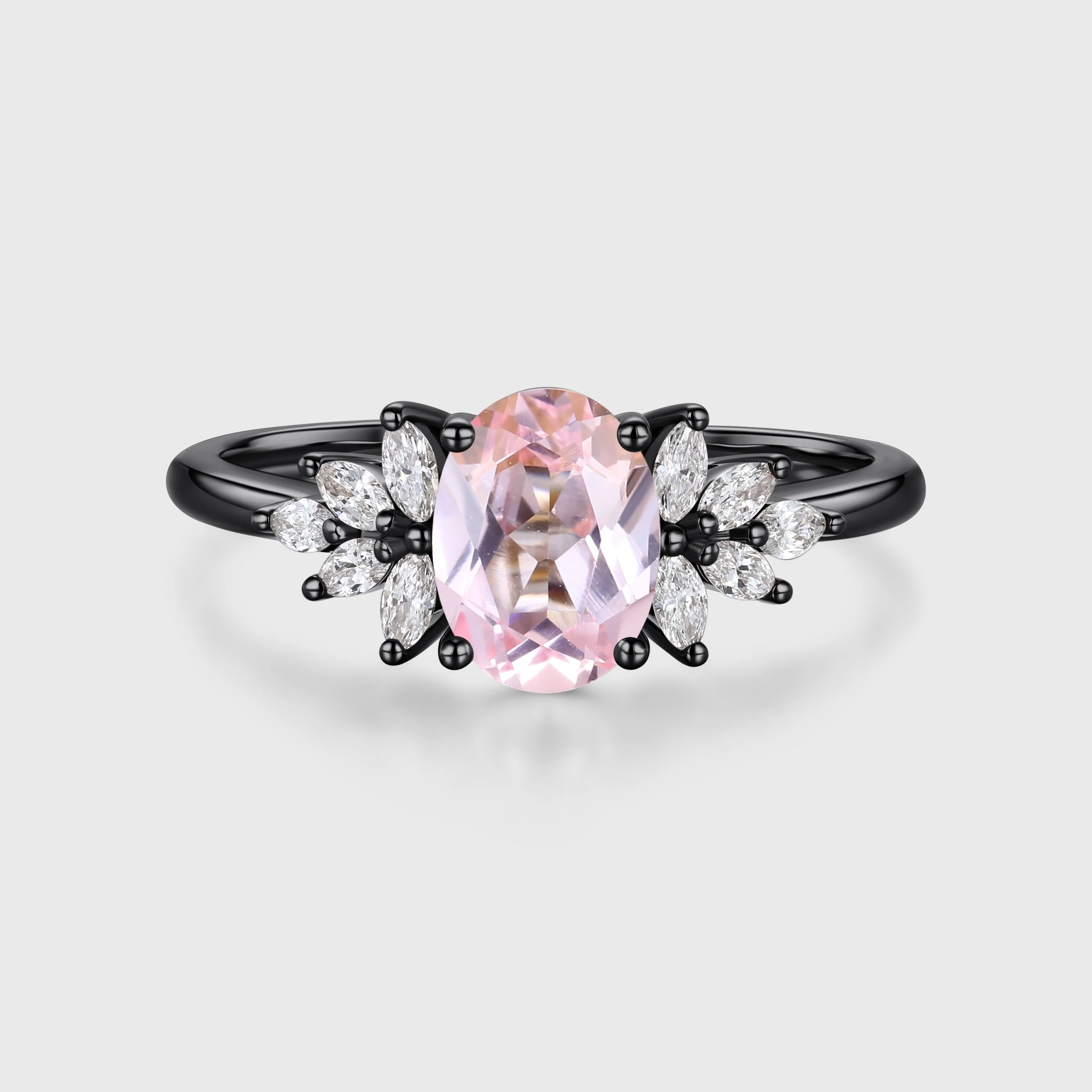 Oval Shaped Lab Grown Pink Sapphire Moissanite Cluster Engagement ring - Image 5