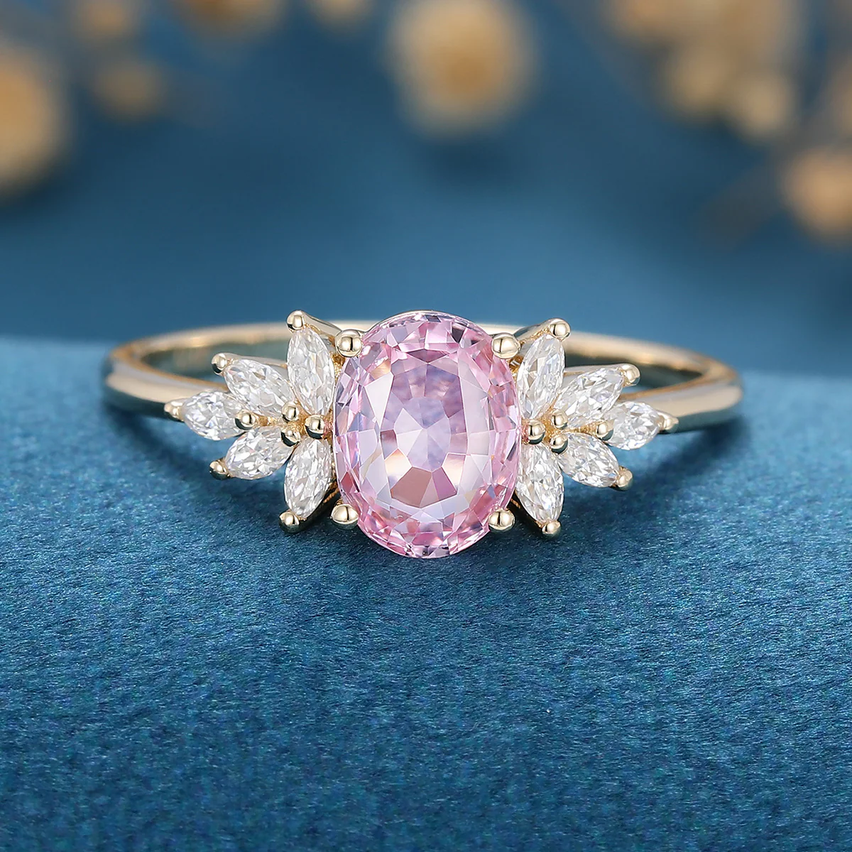 Oval Shaped Lab Grown Pink Sapphire Moissanite Cluster Engagement ring - Image 6