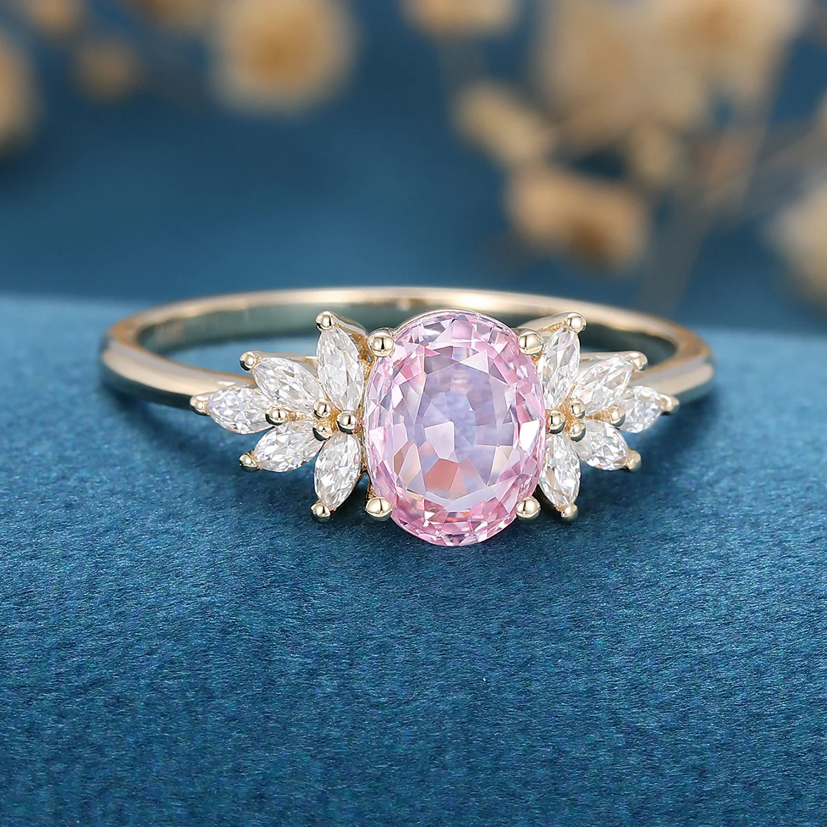 Oval Shaped Lab Grown Pink Sapphire Moissanite Cluster Engagement ring - Image 7