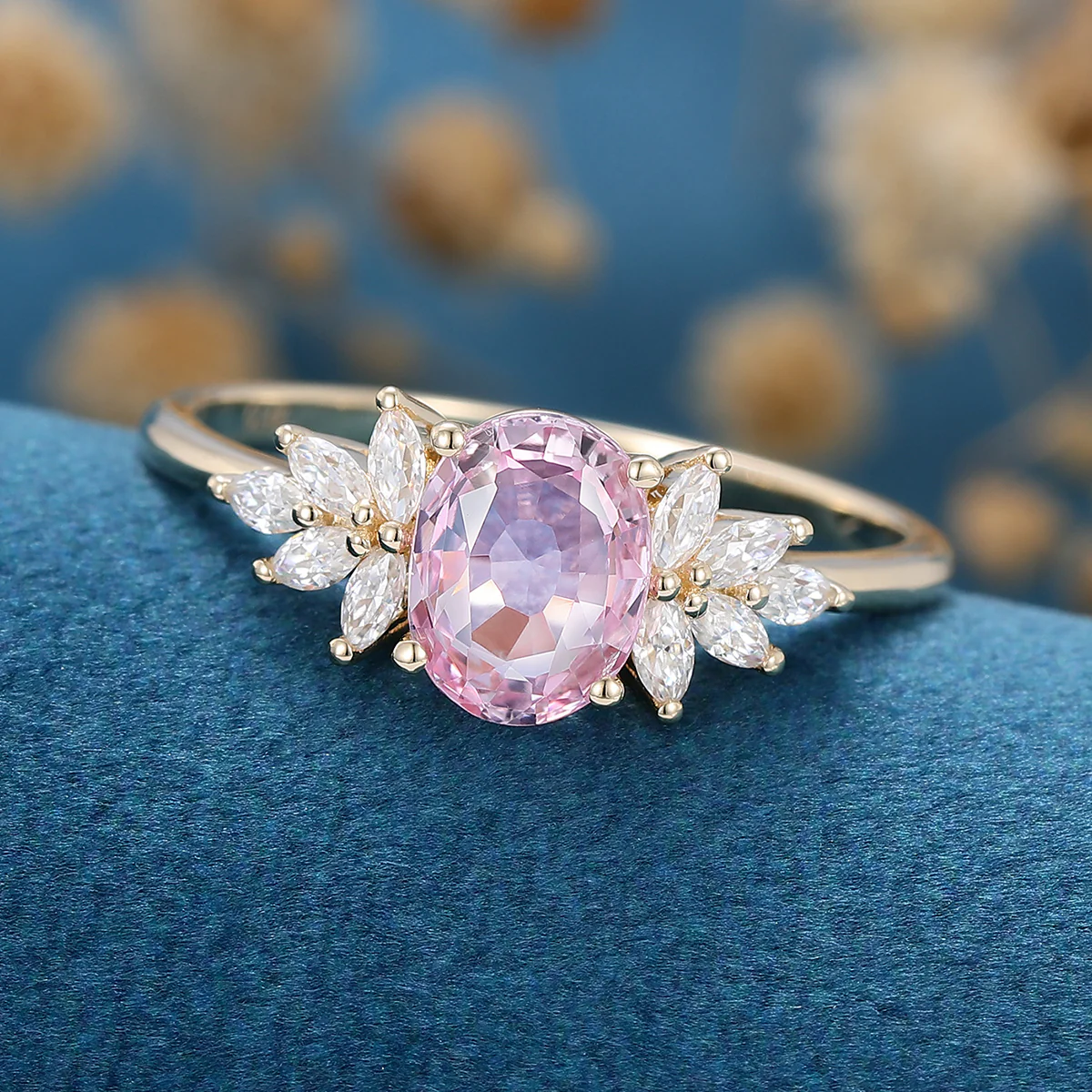 Oval Shaped Lab Grown Pink Sapphire Moissanite Cluster Engagement ring - Image 8