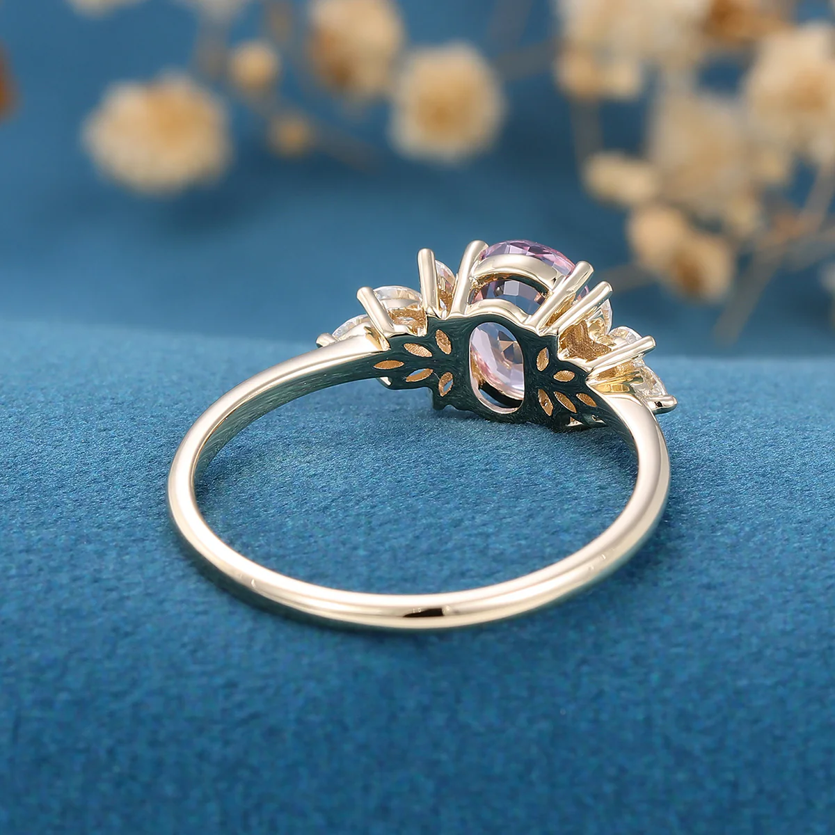 Oval Shaped Lab Grown Pink Sapphire Moissanite Cluster Engagement ring - Image 9