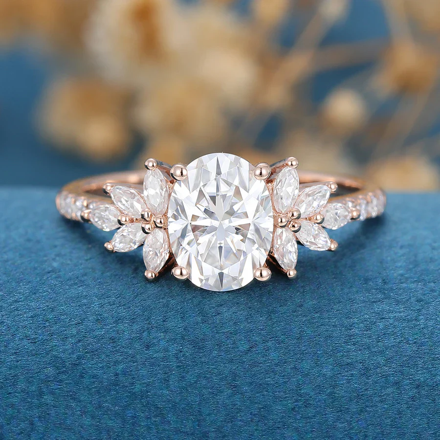 Oval cut Moissanite Cluster | Half Eternity Engagement ring - Image 3