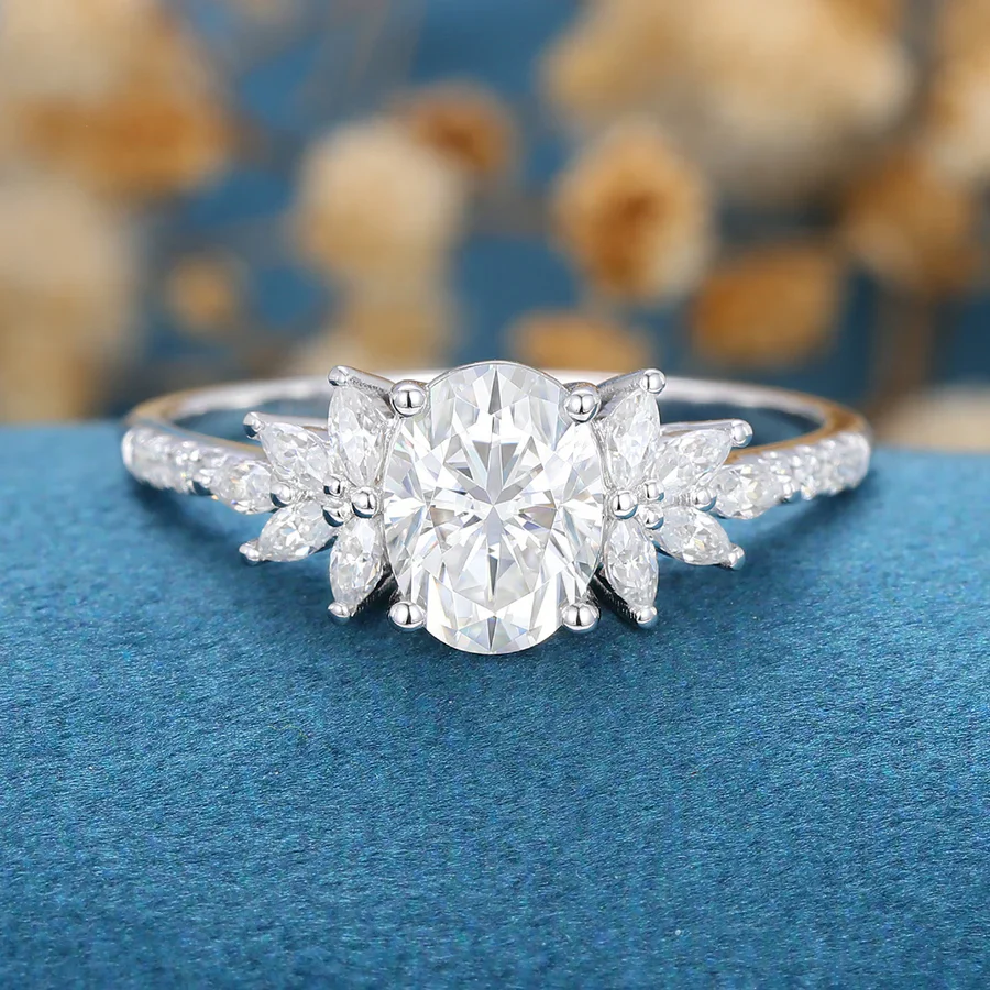 Oval cut Moissanite Cluster | Half Eternity Engagement ring - Image 6
