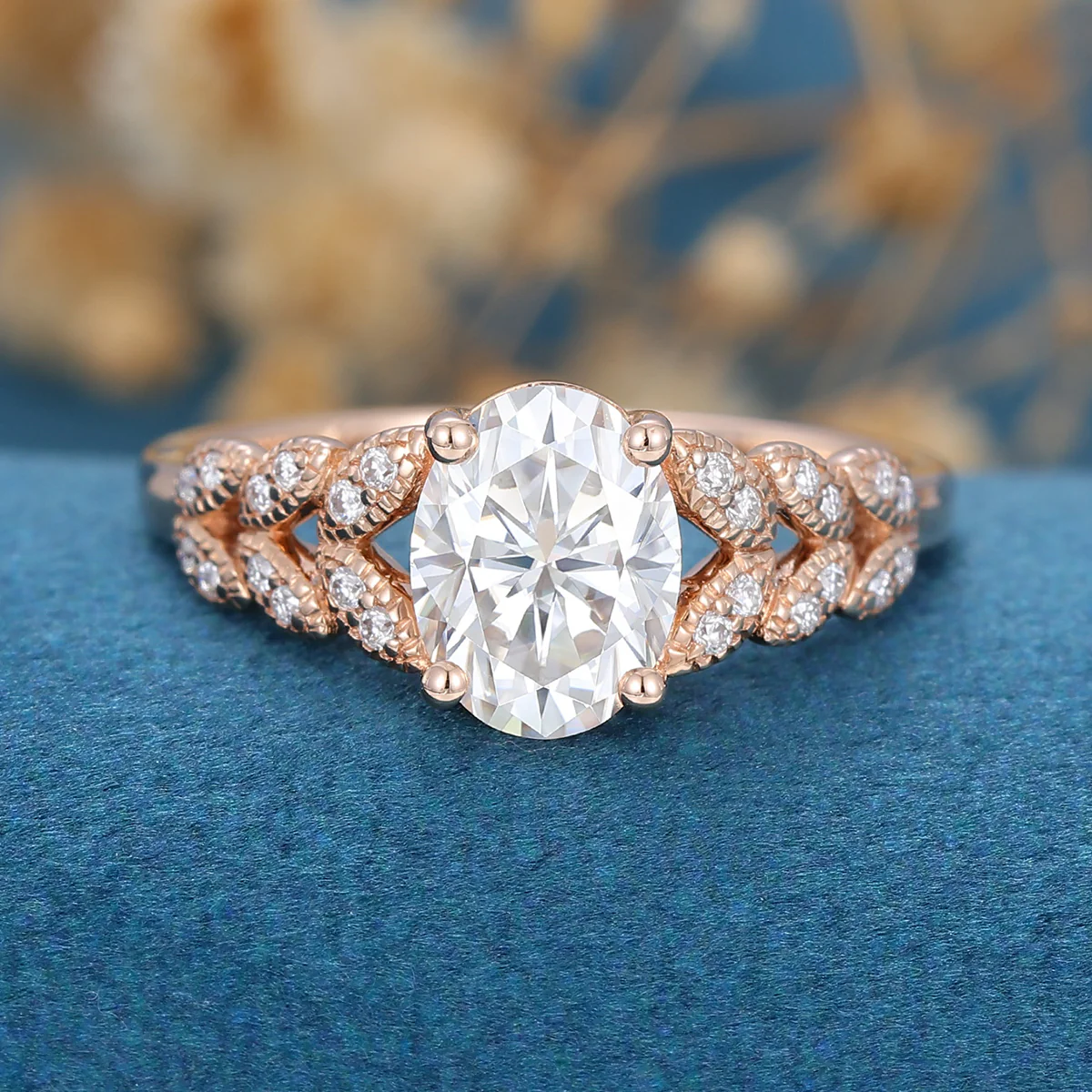 Oval Moissanite  Art deco Engagement ring Bridal Set - Image 3