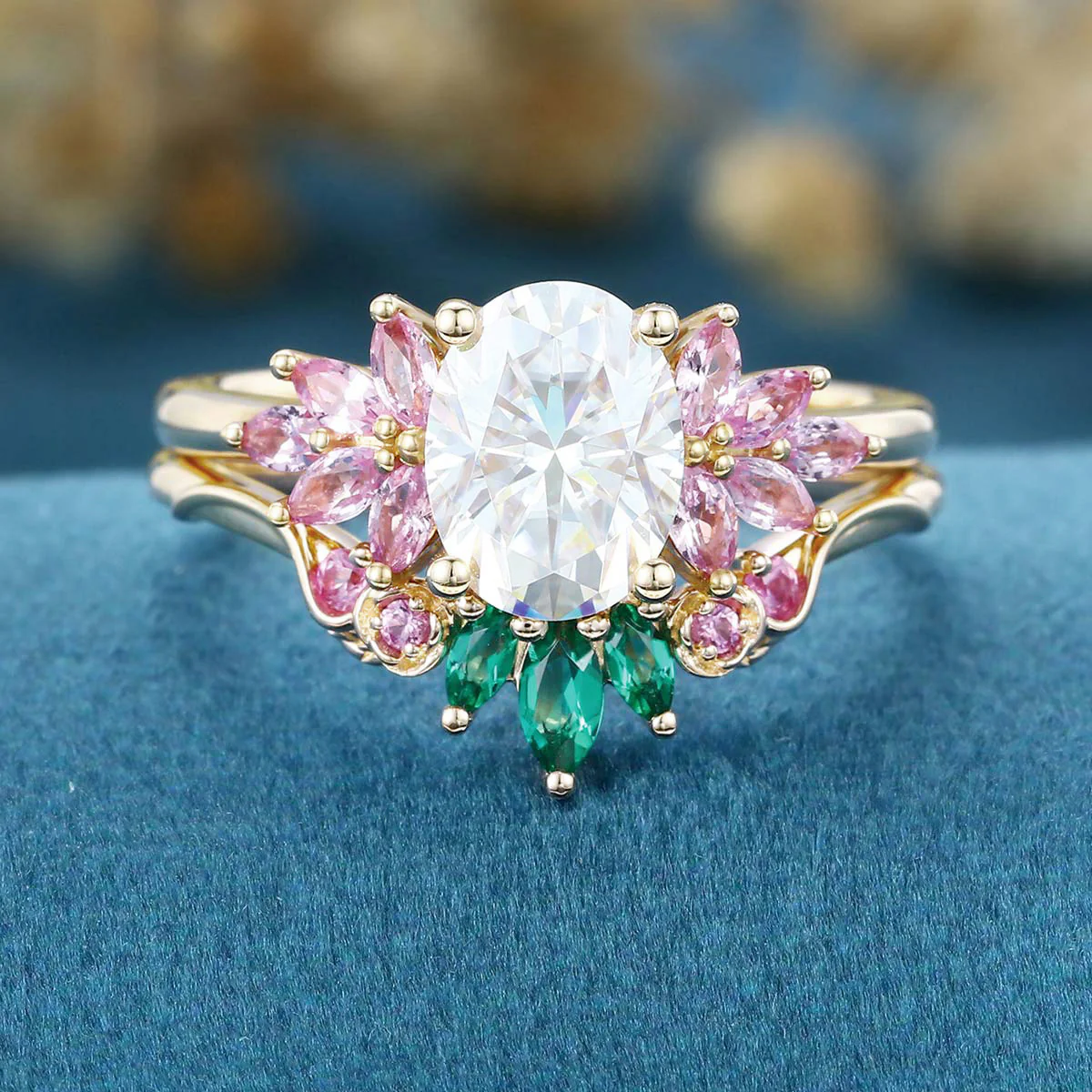 Oval cut Moissanite Matching Diamonds | Lab Grown Emerald |  Natural Pink Sapphires  Rose Gold Wedding Bridal Set - Image 2