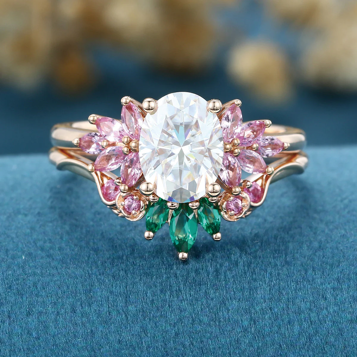 Oval cut Moissanite Matching Diamonds | Lab Grown Emerald |  Natural Pink Sapphires  Rose Gold Wedding Bridal Set - Image 3