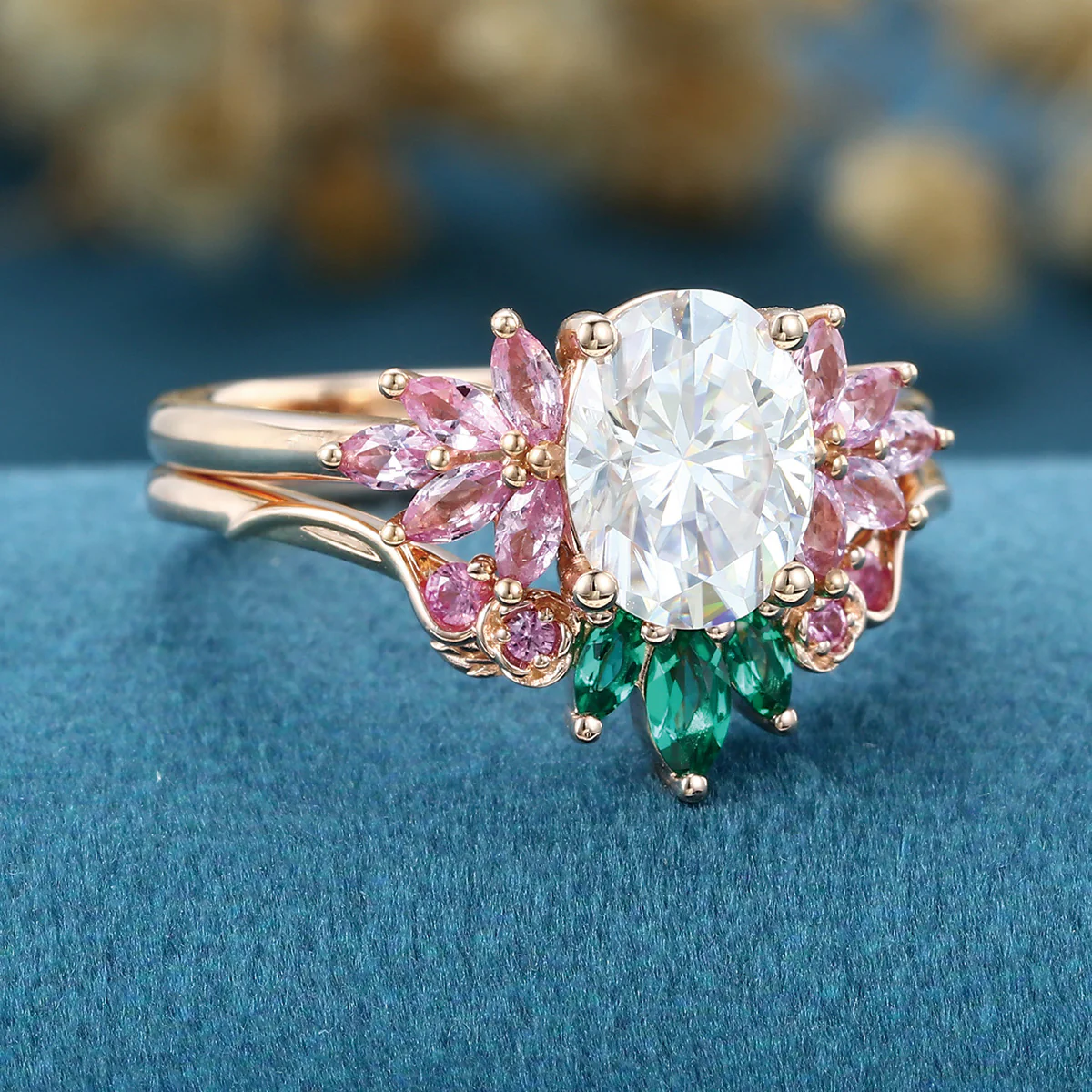 Oval cut Moissanite Matching Diamonds | Lab Grown Emerald |  Natural Pink Sapphires  Rose Gold Wedding Bridal Set - Image 6