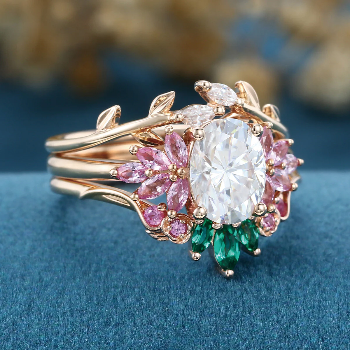Oval cut Moissanite Matching Diamonds | Lab Grown Emerald | Natural Pink Sapphires Rose Gold Wedding Bridal Set - Image 5