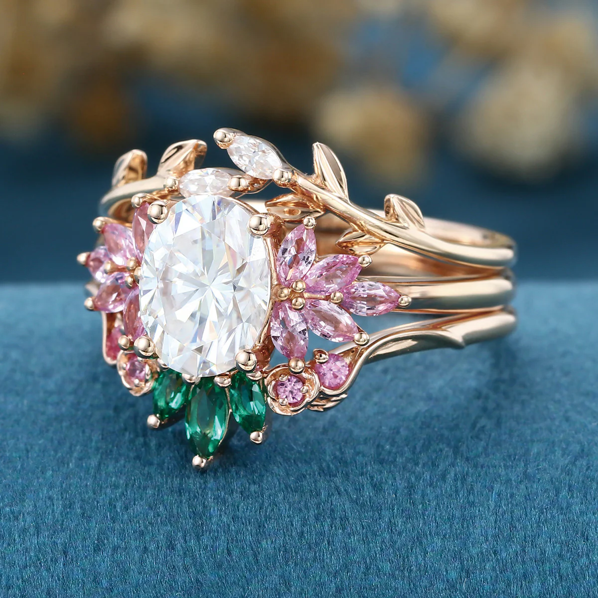 Oval cut Moissanite Matching Diamonds | Lab Grown Emerald | Natural Pink Sapphires Rose Gold Wedding Bridal Set - Image 6
